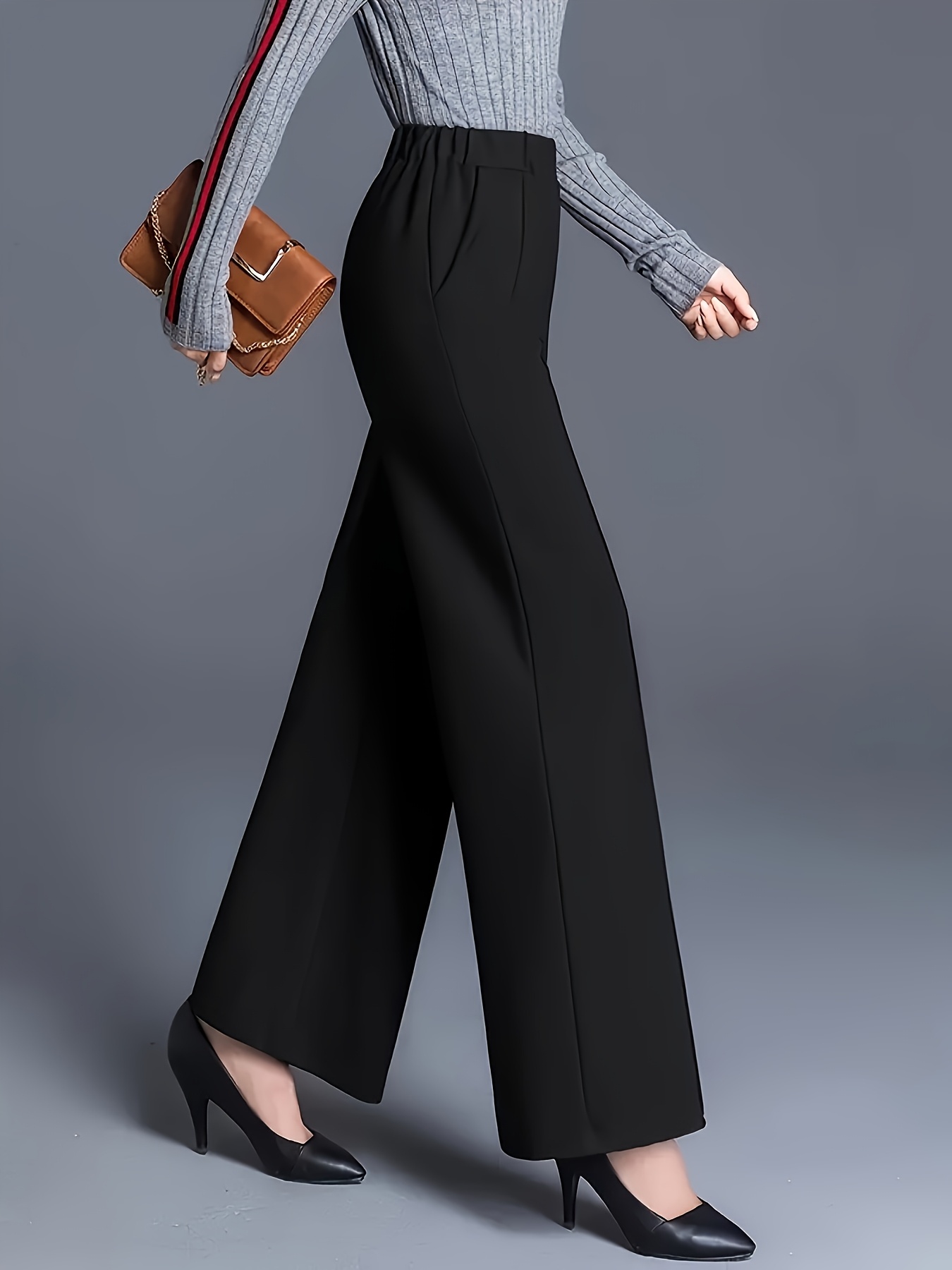 Elegant High-waisted Slanted Pocket Women'S Pants, Solid Color Wide-leg Trousers, Casual Loose-fit Pants, Suitable For Work And Office, As Well As Home Leisure - Image 4