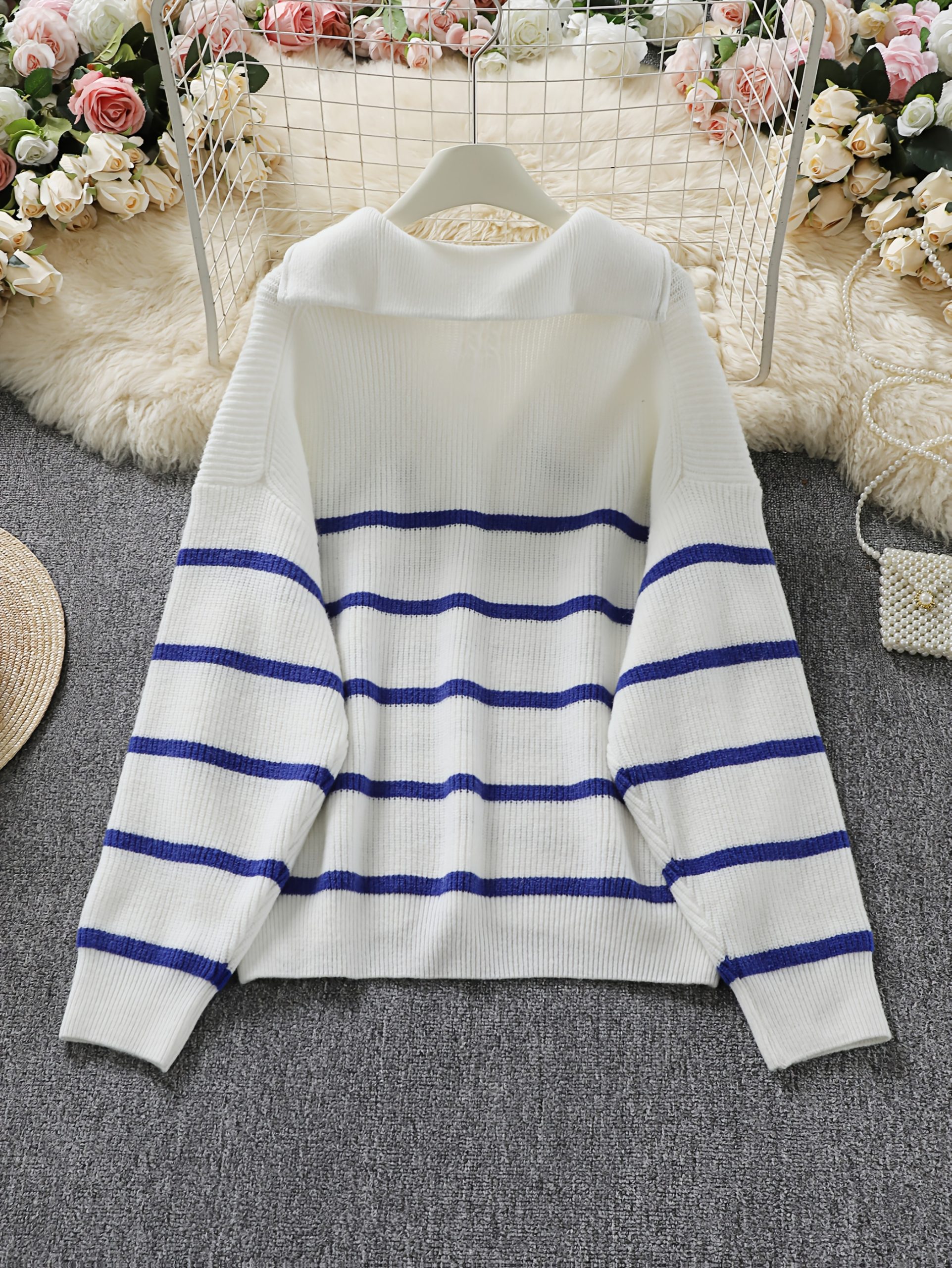 Ladies' Casual Striped Zipper Sweater - Black And White Horizontal Stripes, Soft Fabric with Zipper Front Lapel Design, All Season Versatile Pullover, Women's Clothing - Image 8