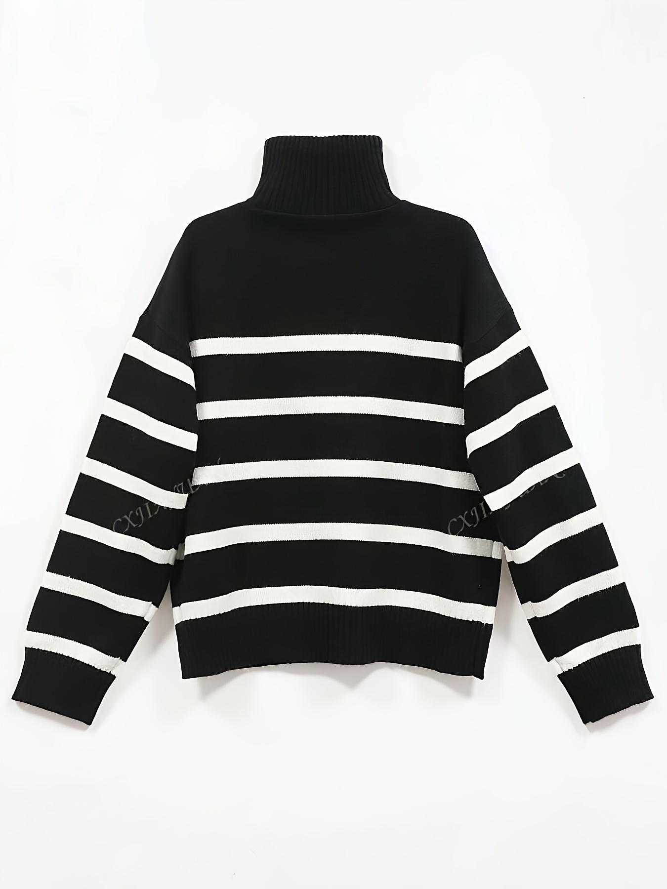 Ladies' Casual Striped Zipper Sweater - Black And White Horizontal Stripes, Soft Fabric with Zipper Front Lapel Design, All Season Versatile Pullover, Women's Clothing - Image 5