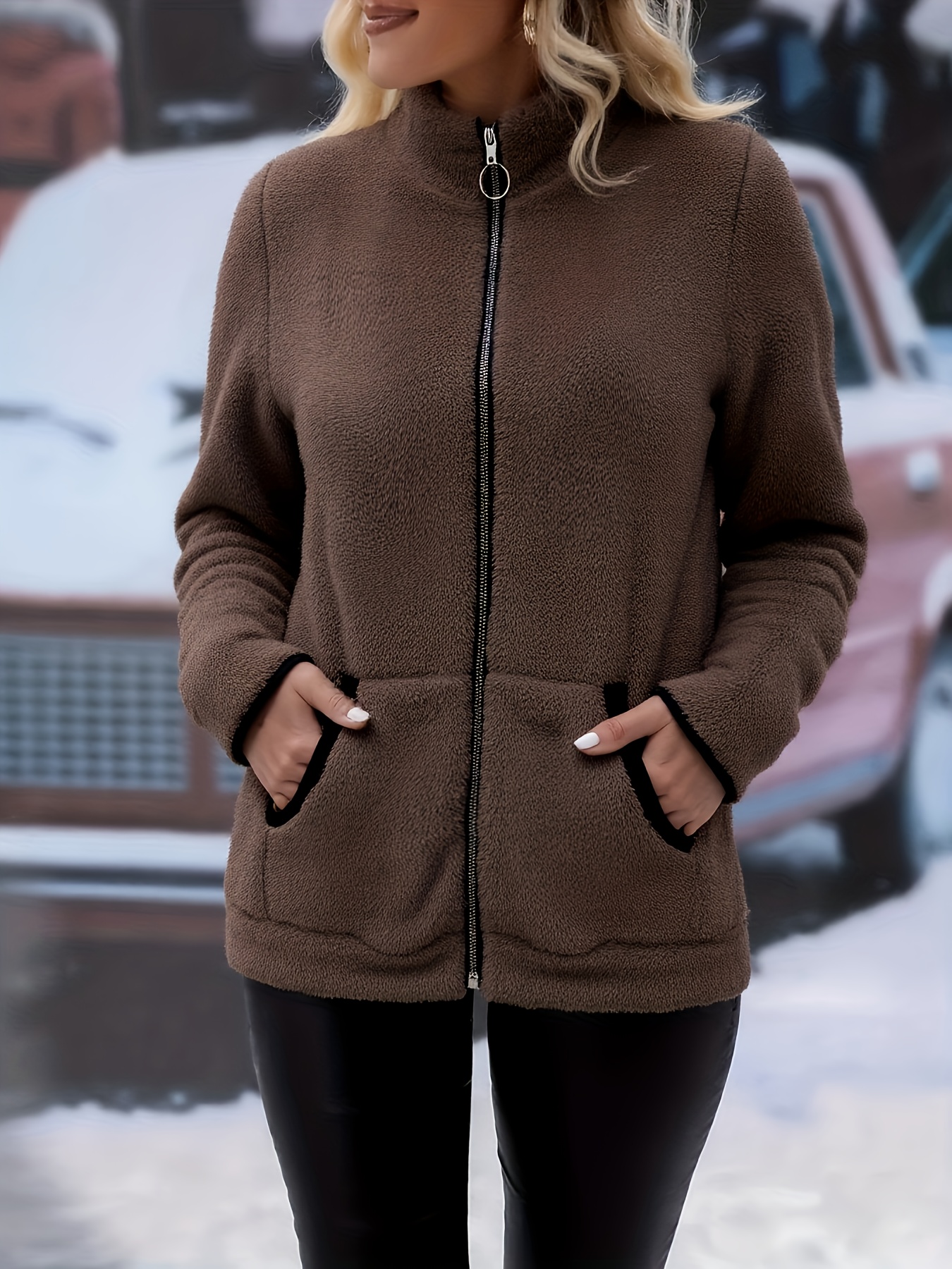 Women's Winter Warm Plush Jacket with Plush-Like Zipper & Pockets - Soft Pastel Purple (Pink/Lavender) Two-Tone Casual Coat, Machine Washable Long Sleeve Outerwear for Cold Weather, All-Season Layering (No-Stretch Fit) - Image 2