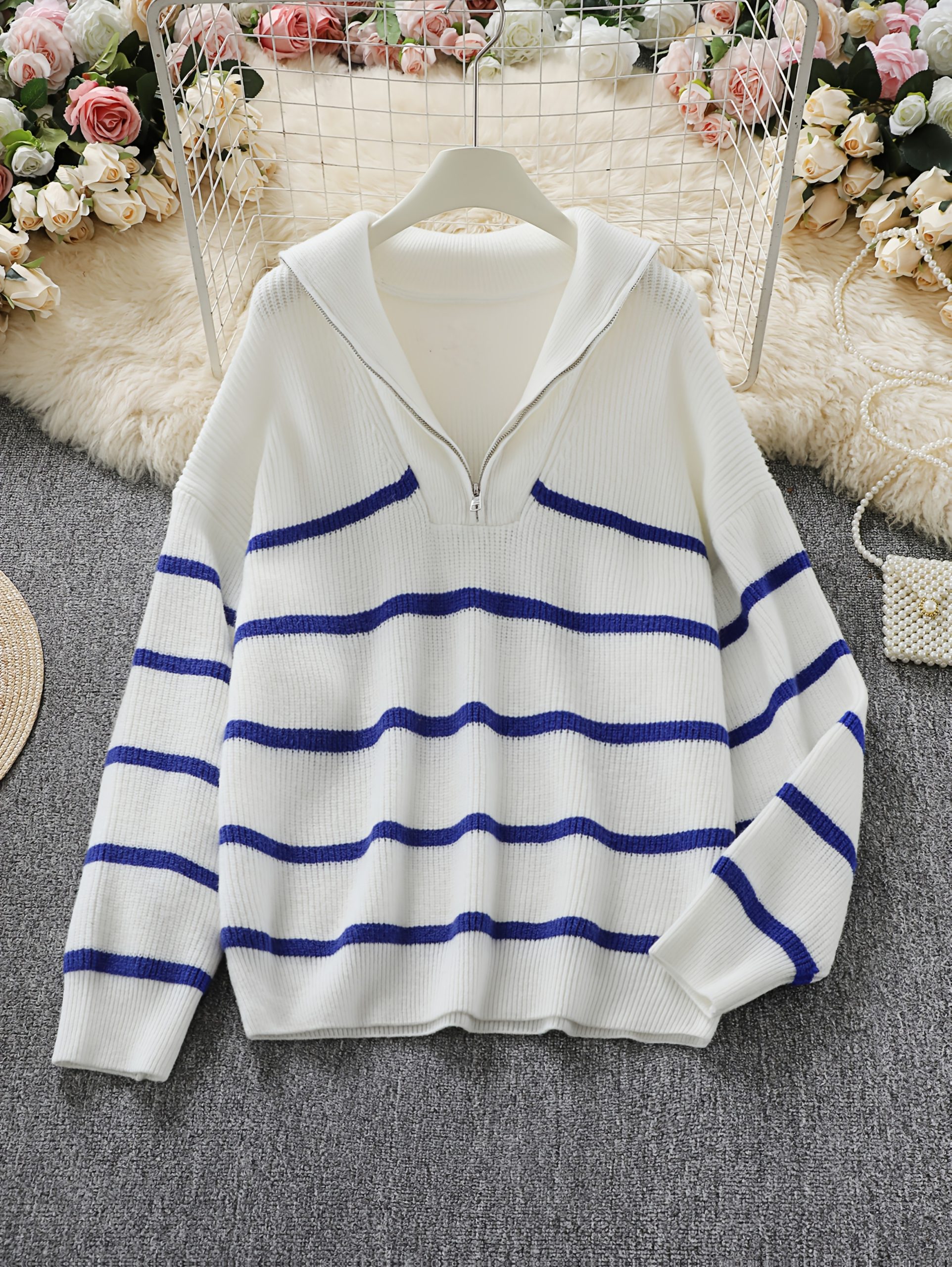 Ladies' Casual Striped Zipper Sweater - Black And White Horizontal Stripes, Soft Fabric with Zipper Front Lapel Design, All Season Versatile Pullover, Women's Clothing - Image 6