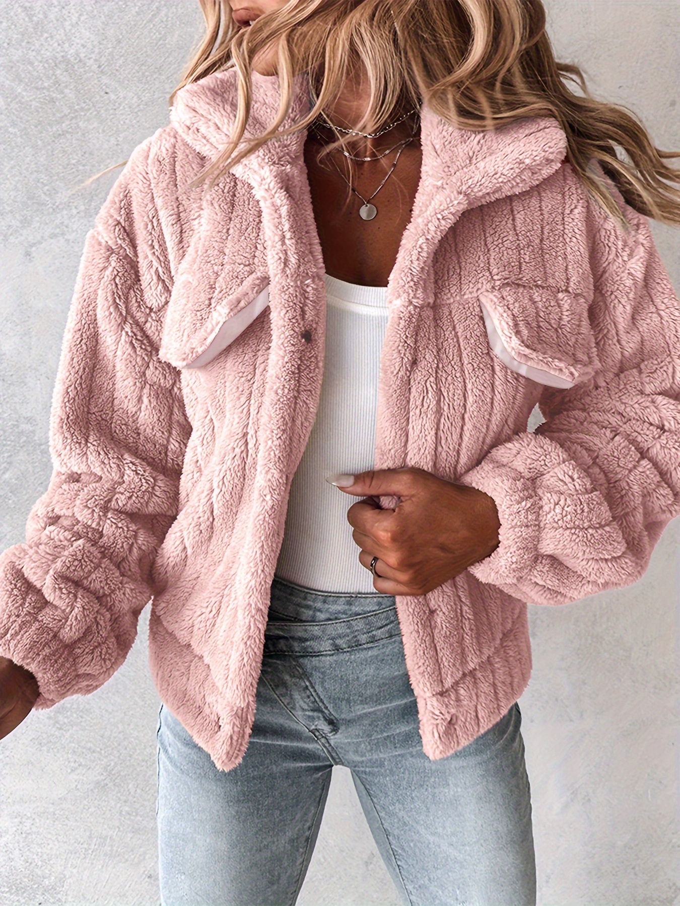 Women's Plush Jacket - Soft Pink Winter Coat with Stand-Up Collar &, Button-Front Closure, Machine Washable Cozy Outerwear for Fall/Winter, Casual & Professional Wear, Luxurious Plush Fabric (No Bulk) Blazer - Image 4
