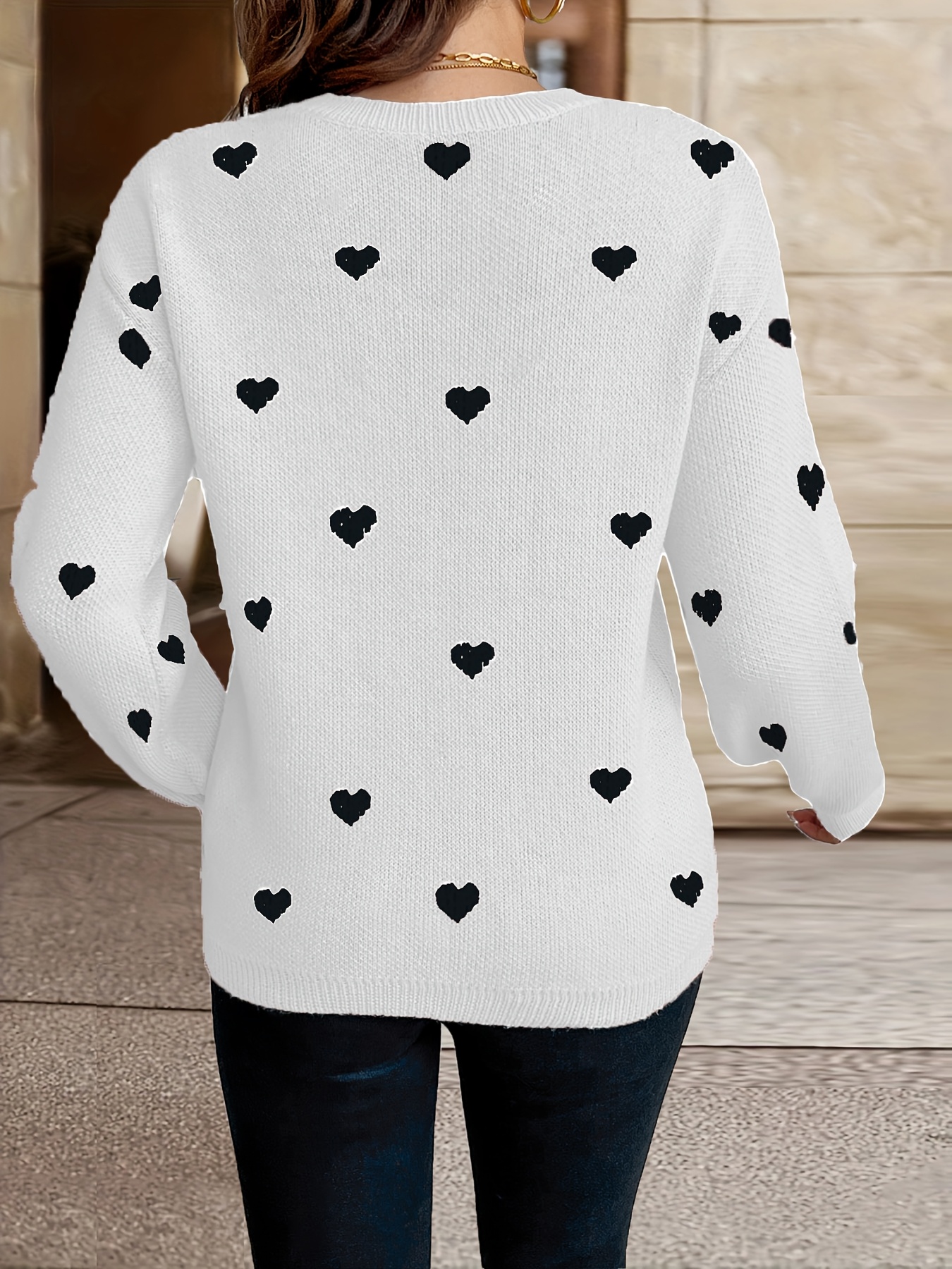 Women's Clothing, Heart Pattern Crew Neck Pullover Sweater, Valentine's Day Long Sleeve Drop Shoulder Sweater - Image 6