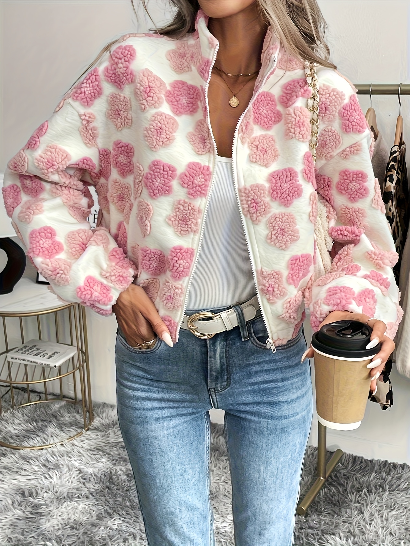 Women's Elegant Casual Floral Print Fleece-Lined Zip-Up Jacket - Stand Collar Winter Coat with Pink Flowers on White, Machine Washable Autumn Winter Outerwear for Commuting & Casual Outfits