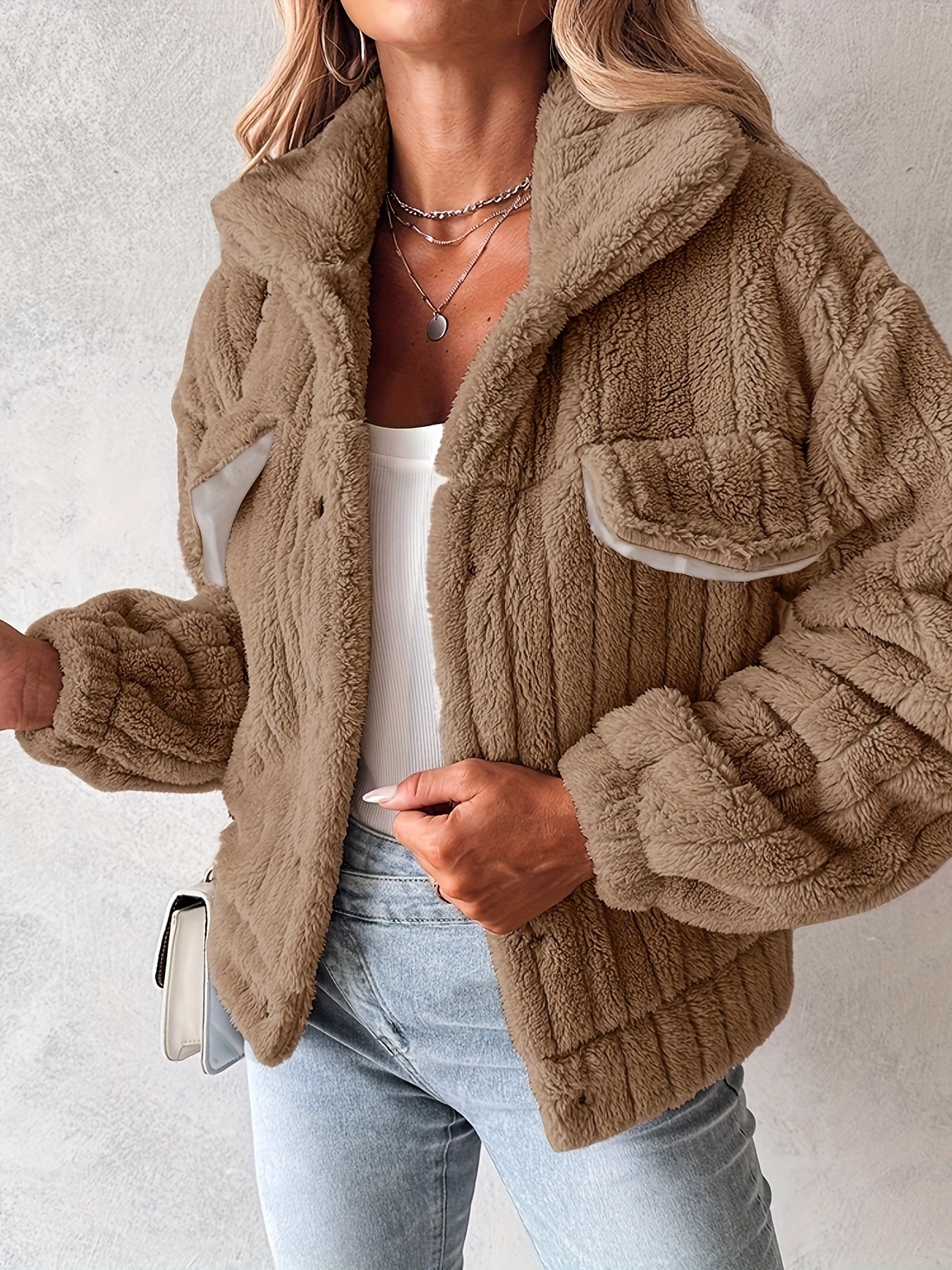 Women's Plush Jacket - Soft Pink Winter Coat with Stand-Up Collar &, Button-Front Closure, Machine Washable Cozy Outerwear for Fall/Winter, Casual & Professional Wear, Luxurious Plush Fabric (No Bulk) Blazer - Image 7