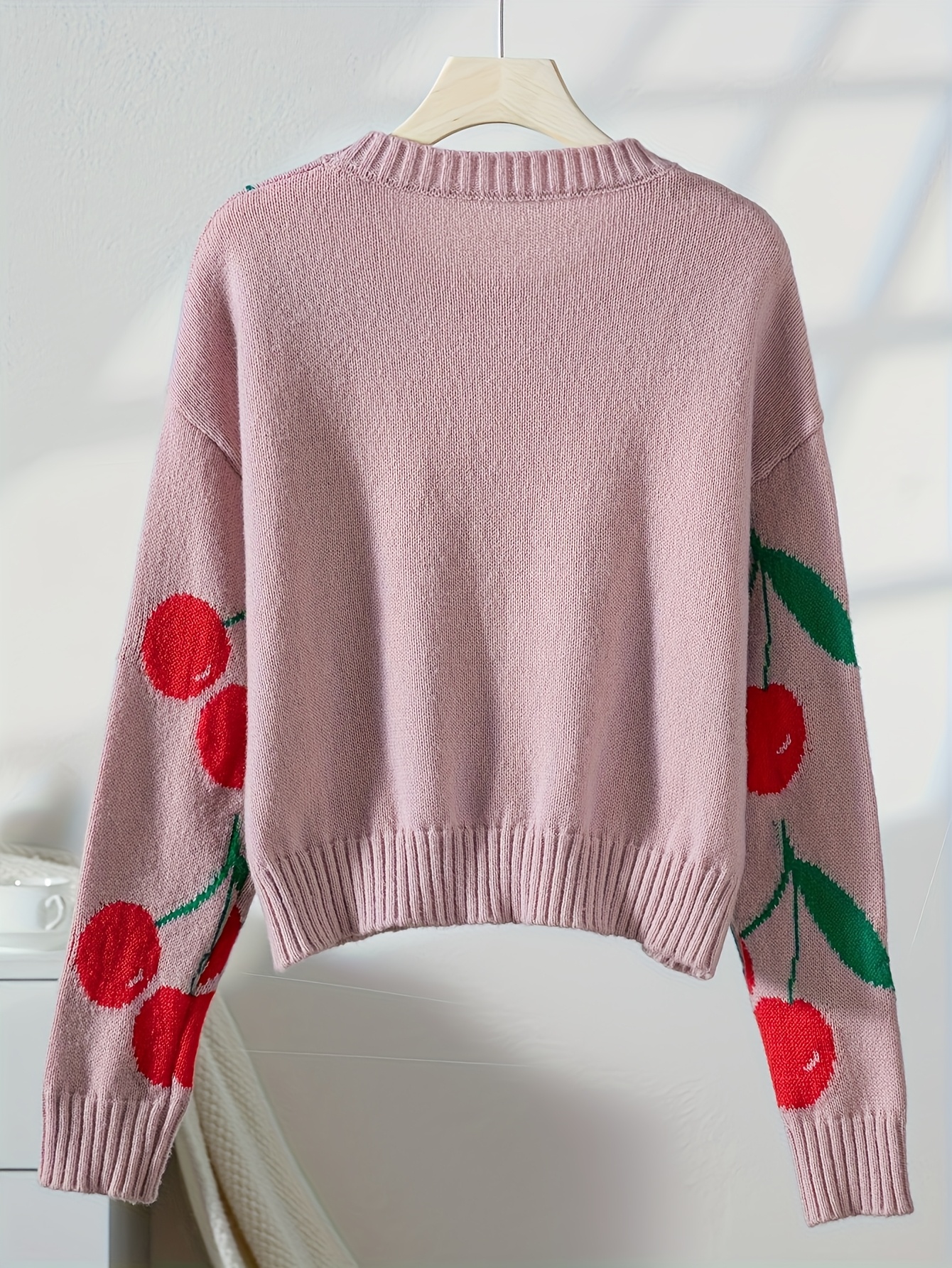 Lady Autumn-Winter Fashion New Sweet Style Unique Fruit Pattern Jacquard Round Neck Long Sleeve Top, Can Be Worn As Underwear Or Outerwear, Pullover Style - Image 3