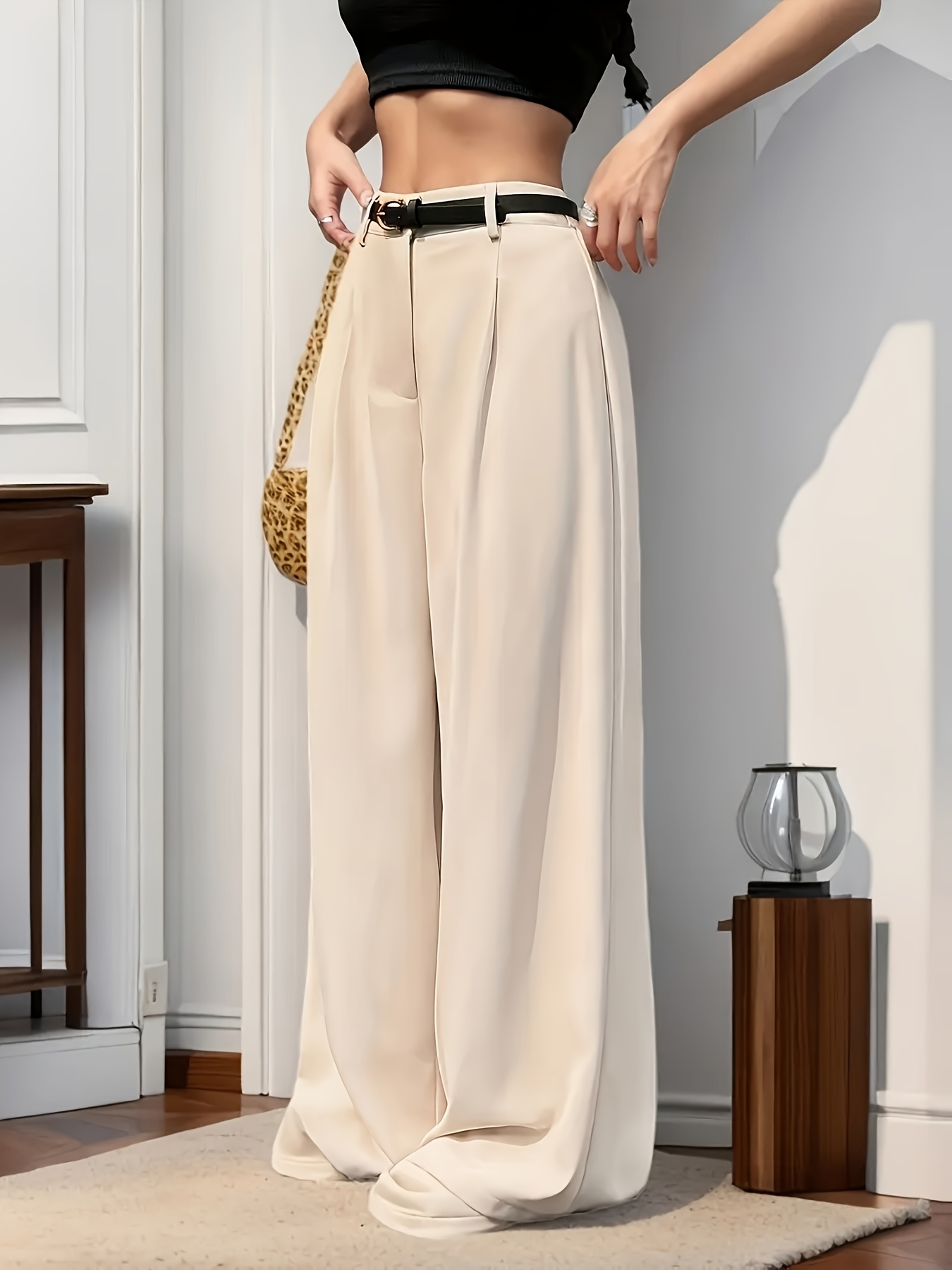 Women'S Elegant Straight-Leg Pants - Beige Solid Color Wide-Leg Trousers for Spring, Summer, And Autumn Casual Outings, Suitable for Vacation And Work, Machine Washable Without a Belt. - Image 7