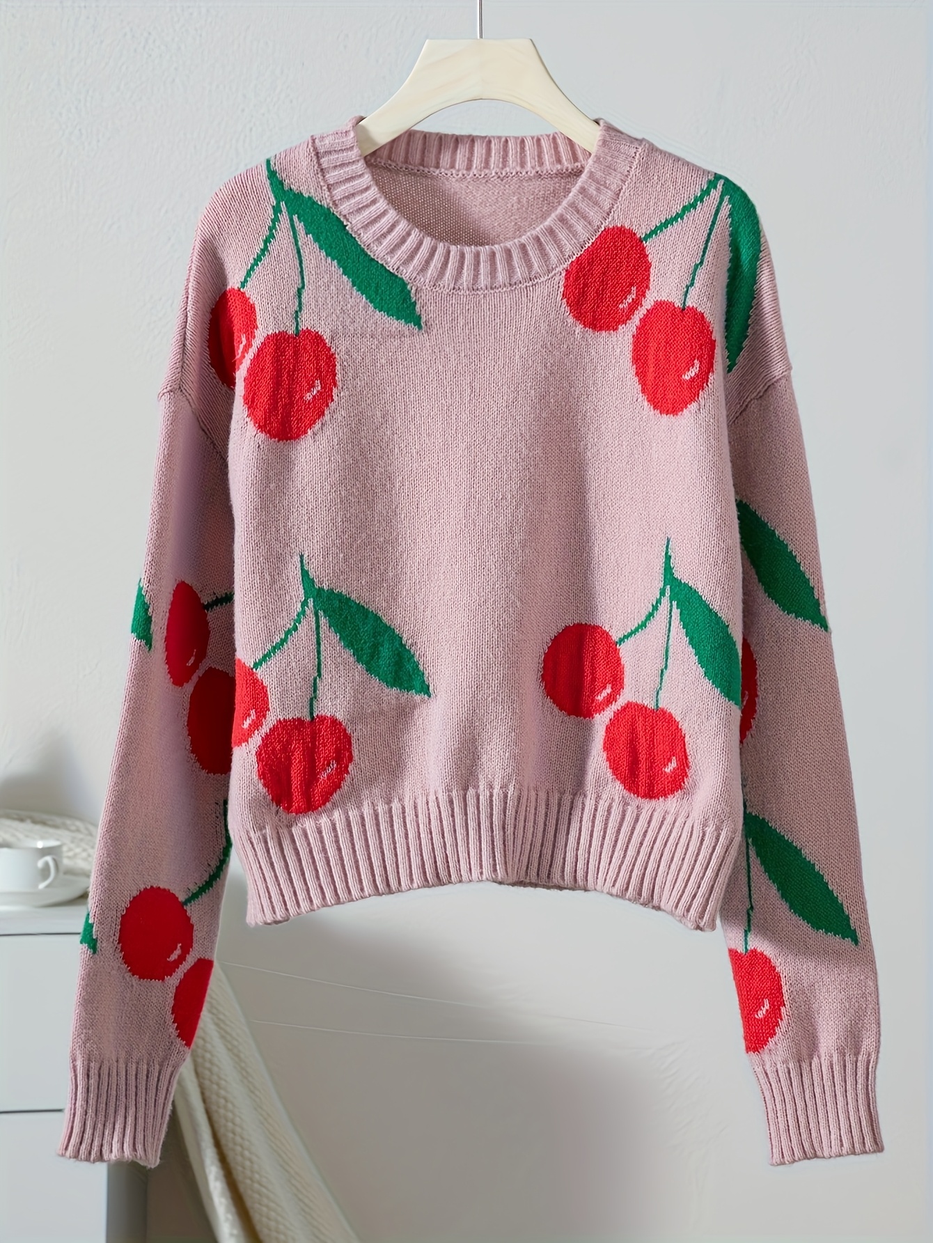 Lady Autumn-Winter Fashion New Sweet Style Unique Fruit Pattern Jacquard Round Neck Long Sleeve Top, Can Be Worn As Underwear Or Outerwear, Pullover Style - Image 7