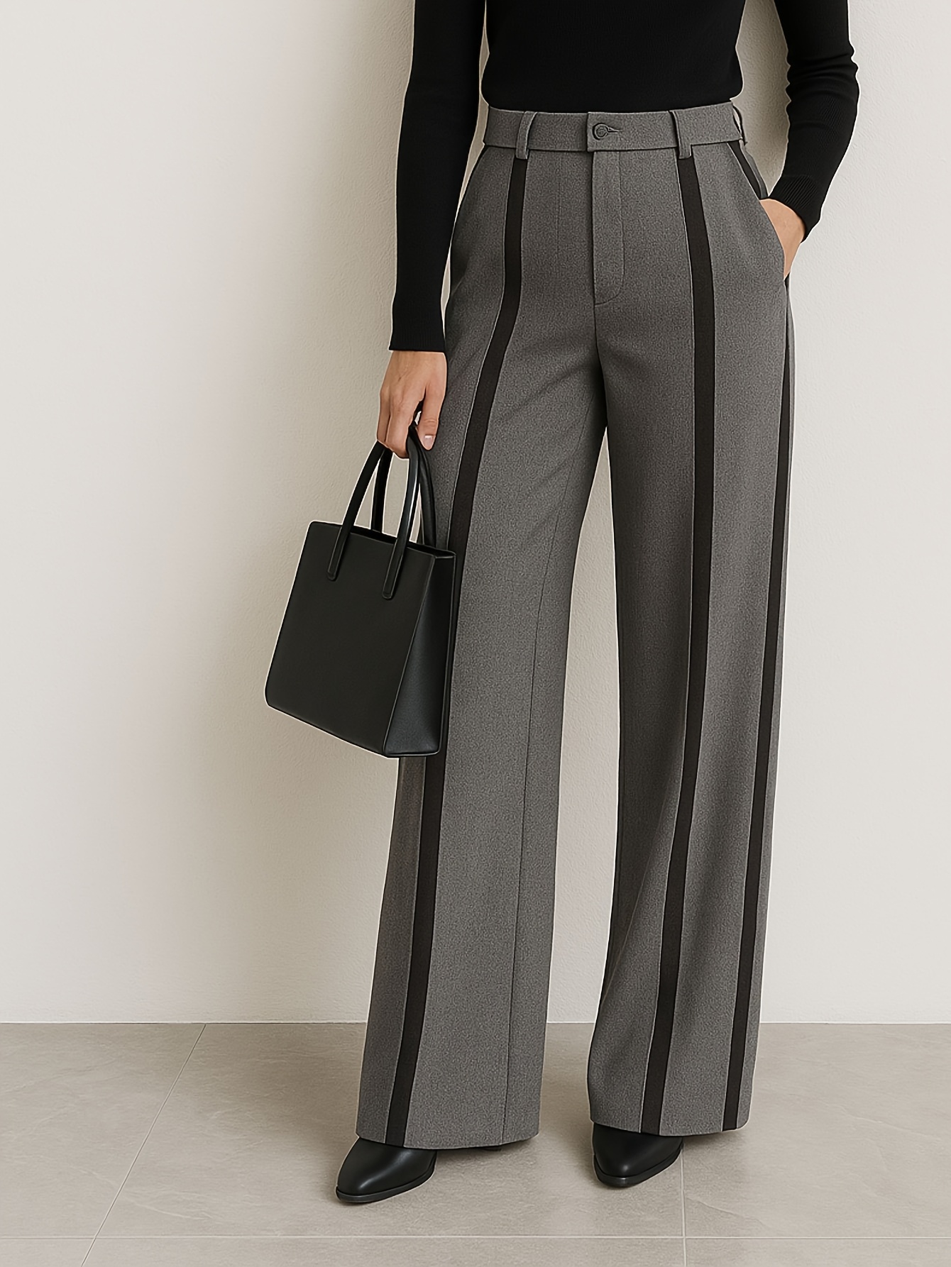 Women's Elegant Black And Gray Wide Leg Pants Straight Leg Design, Colorblocked Style for All Seasons, Everyday Pants, Versatile Bottoms, Elegant Design, Modern Fashion, Medium Stretch Fabric, Soft Fabric, Stylish Bottoms, Chic Slacks, Professional