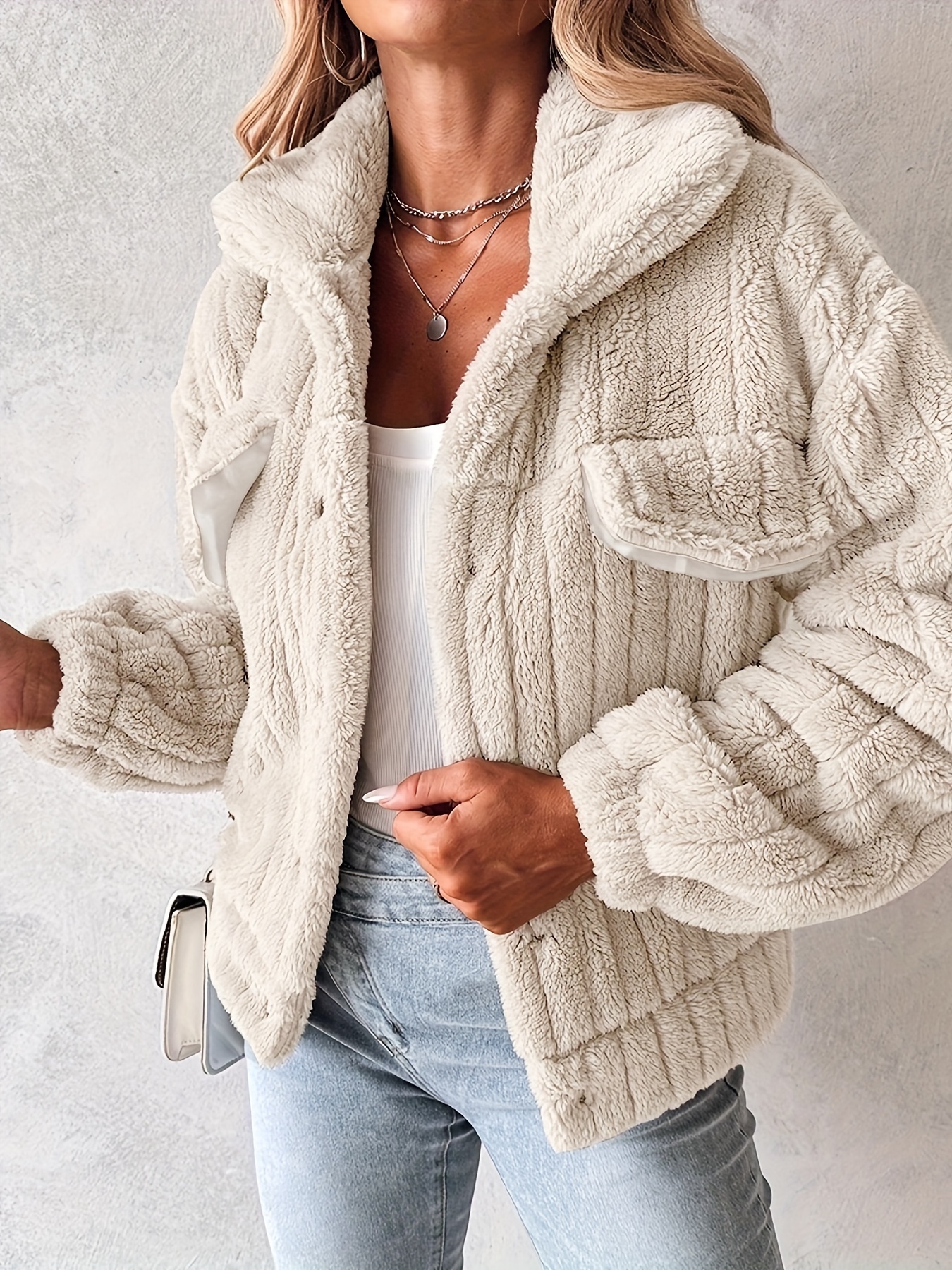 Women's Plush Jacket - Soft Pink Winter Coat with Stand-Up Collar &, Button-Front Closure, Machine Washable Cozy Outerwear for Fall/Winter, Casual & Professional Wear, Luxurious Plush Fabric (No Bulk) Blazer - Image 8