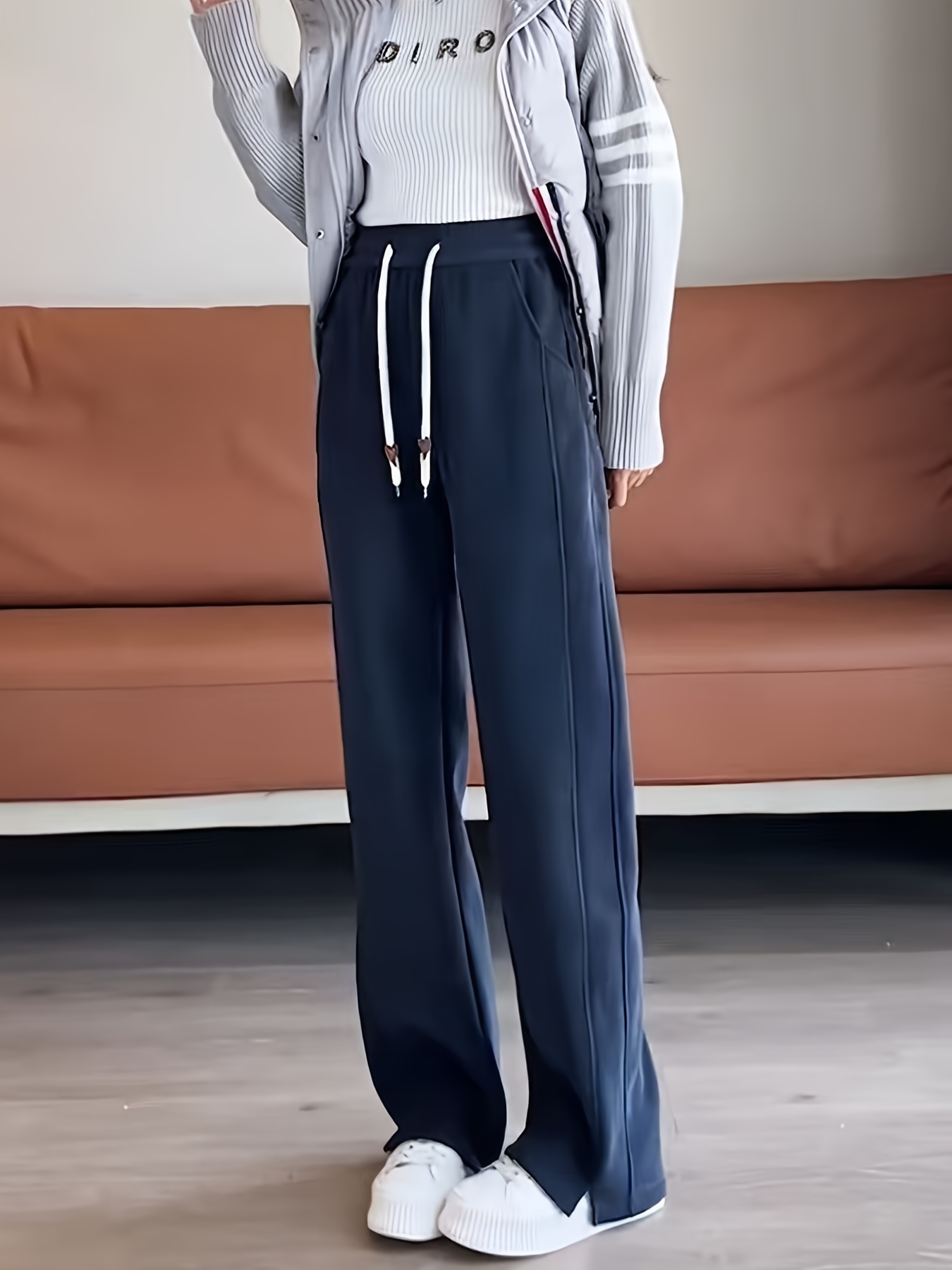 Women's High Waist Winter Pants with Thickened Fleece Lining & Elastic Waistband - 9-Inch Length Cold-Proof Warm Trousers, Tummy Control & Boot-Cut Leg for Casual & Formal Outfits, Solid Color Elegant Straight-Leg Pants (Hand Wash/Dry Clean) - Autumn/Winter Fashion - Image 5