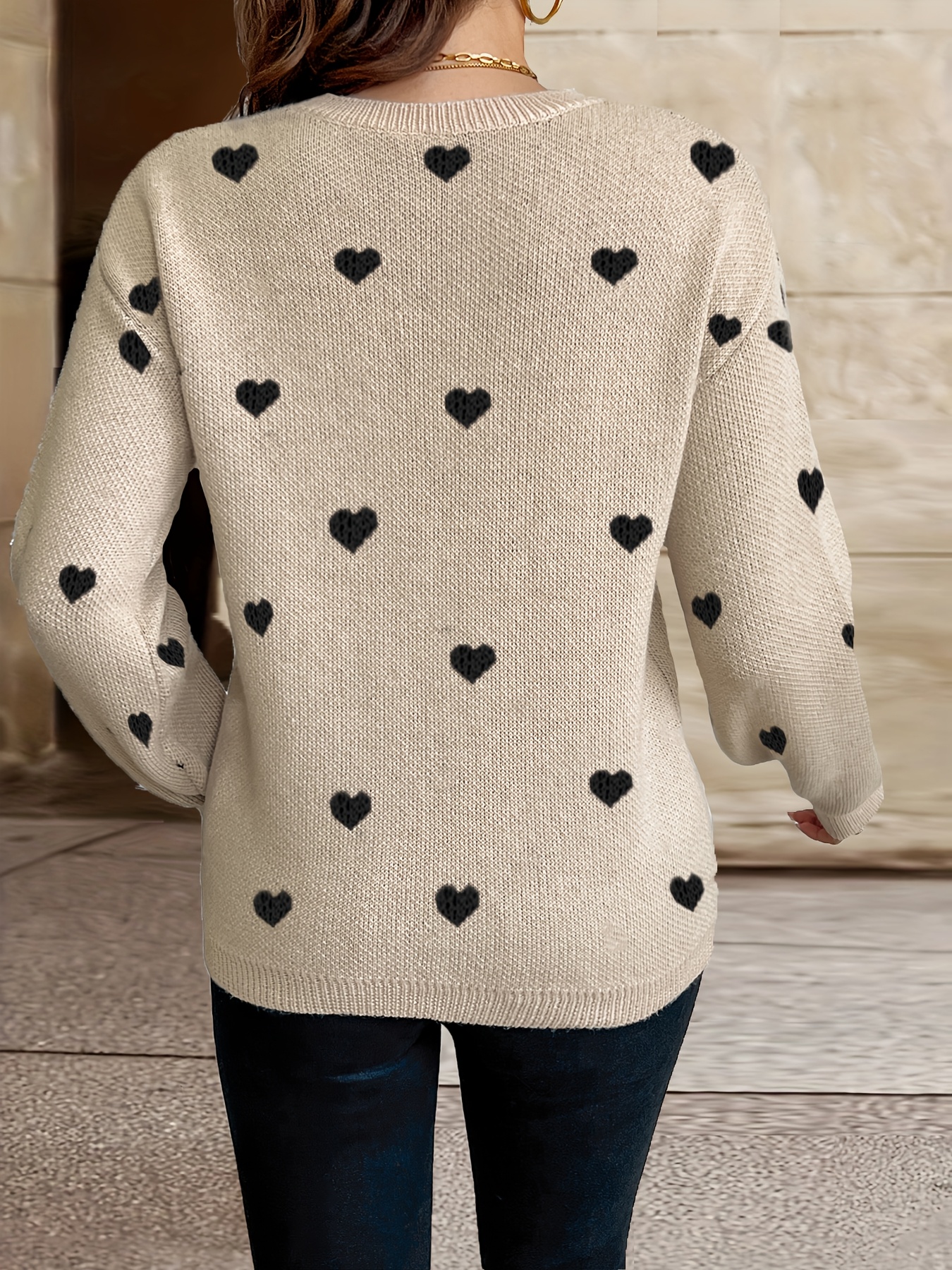 Women's Clothing, Heart Pattern Crew Neck Pullover Sweater, Valentine's Day Long Sleeve Drop Shoulder Sweater - Image 5