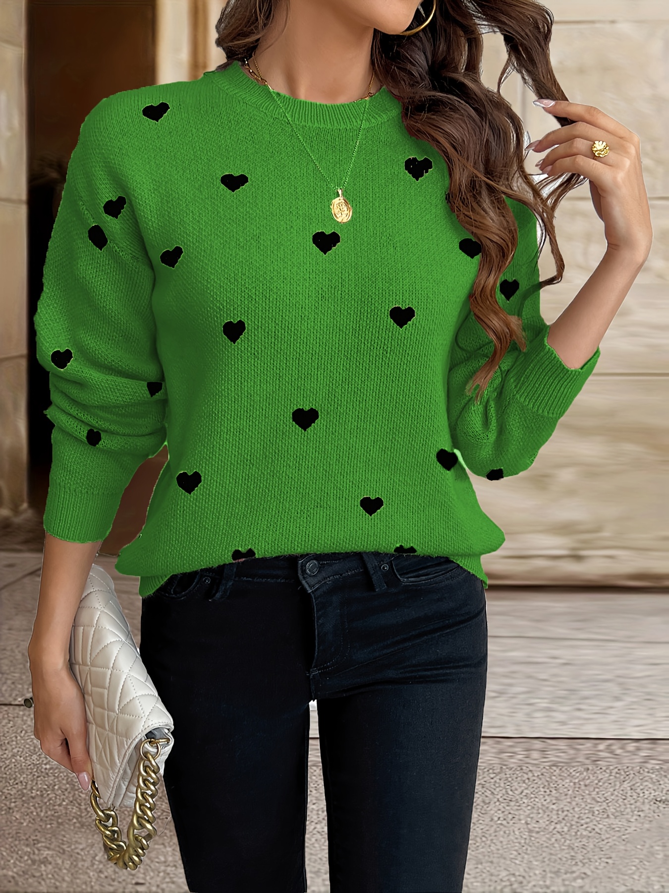 Women's Clothing, Heart Pattern Crew Neck Pullover Sweater, Valentine's Day Long Sleeve Drop Shoulder Sweater - Image 3