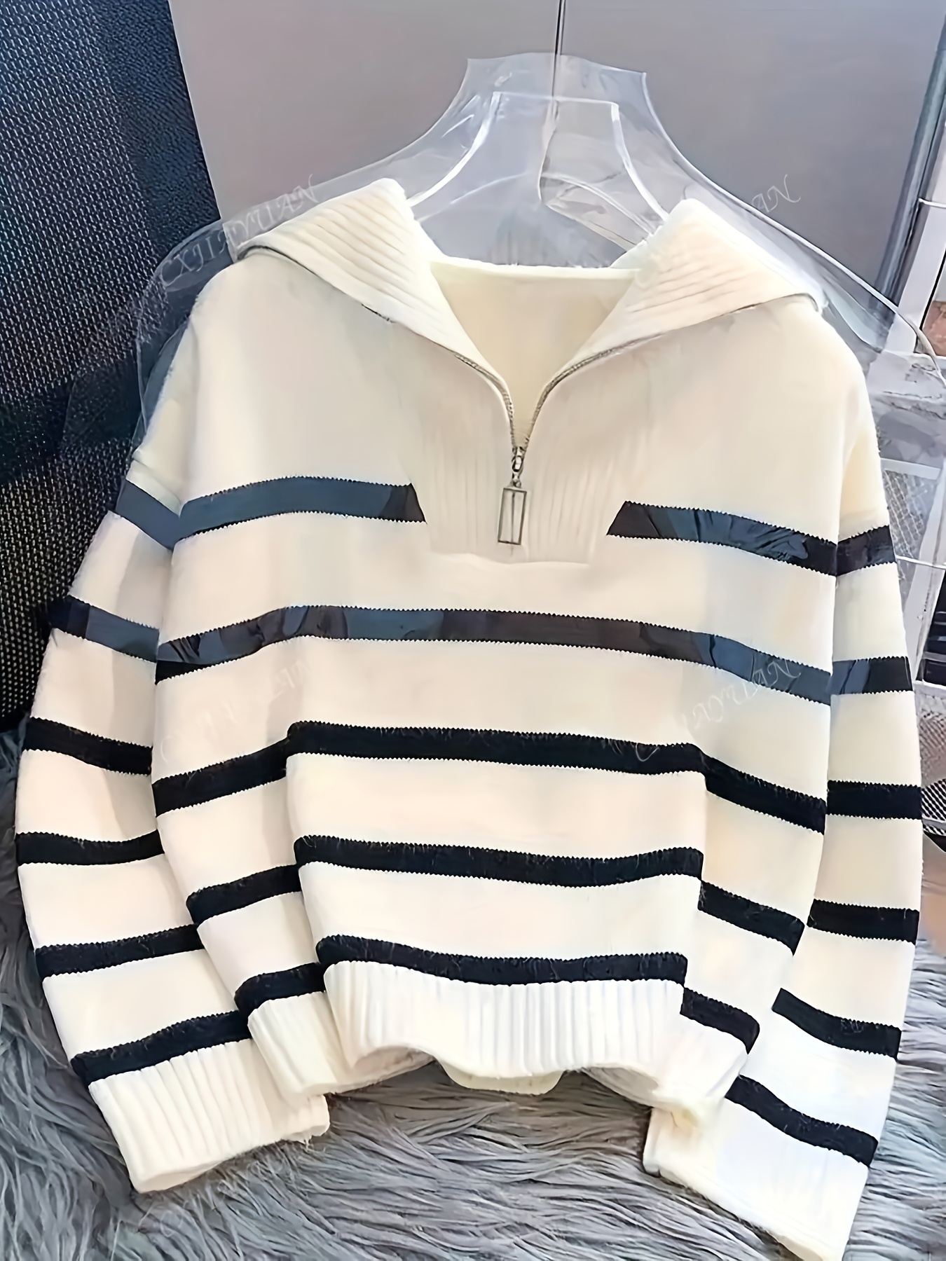 Ladies' Casual Striped Zipper Sweater - Black And White Horizontal Stripes, Soft Fabric with Zipper Front Lapel Design, All Season Versatile Pullover, Women's Clothing - Image 4