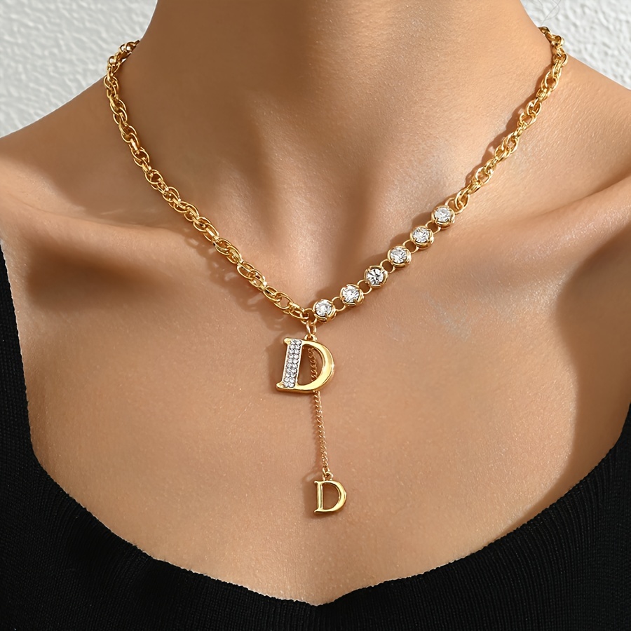 1pc Elegant Golden-Tone "D" Letter Necklace with Accents, Vintage Boho Style, Copper Crafted, Perfect for Daily Wear, Parties, and Weddings