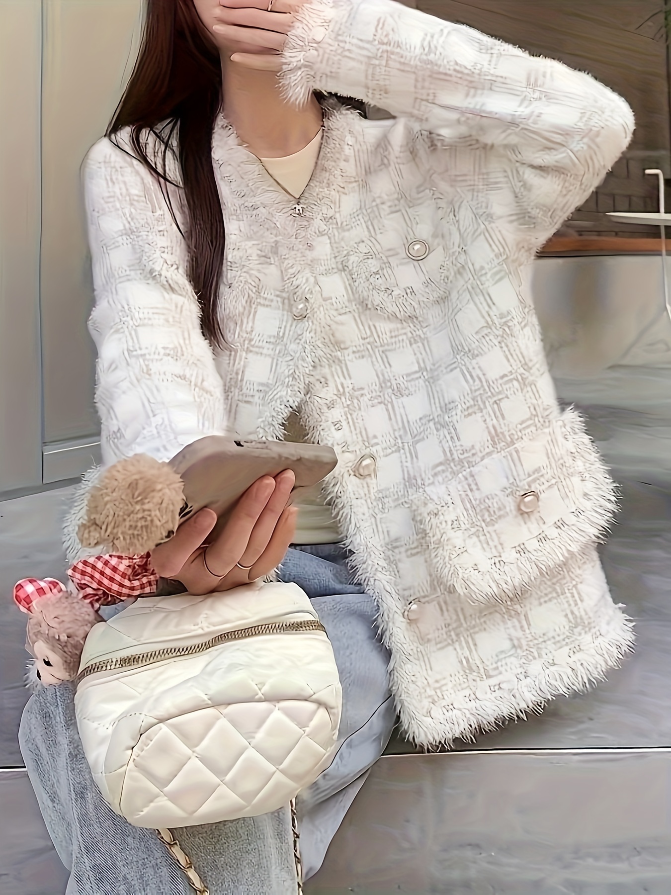 Elegant Plaid Coat with Button Front, Chic Raw Trim Dual Pockets Long Sleeve Coat for Fall&Winter, Women's Clothing - Image 2