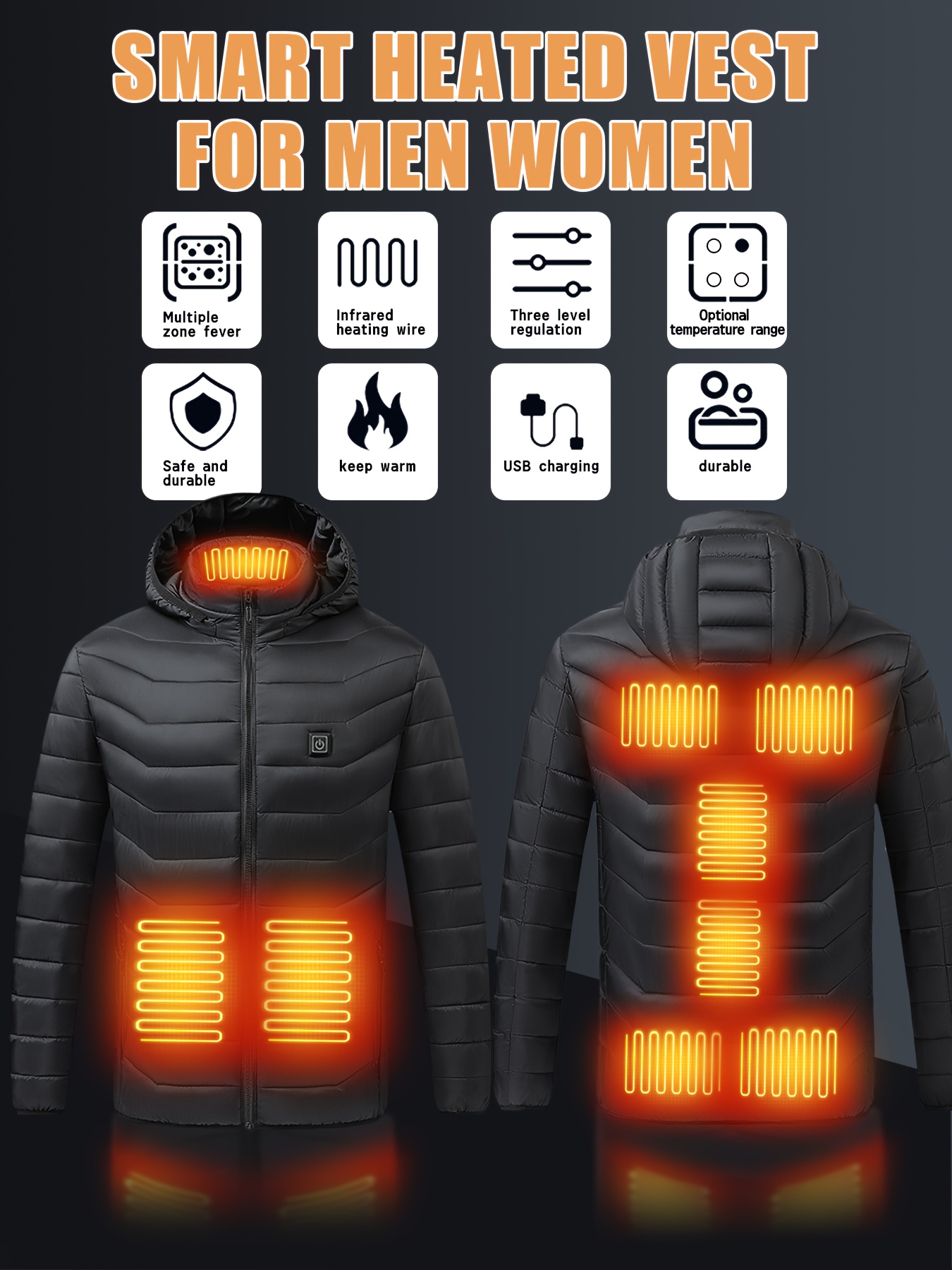 9-Zone Jacket, Warm Coat, 3-Temperature Settings, Portable, Power Bank Compatibility (Not Included), Machine Washable, for Outdoor Winter Cycling and Fishing - Image 3