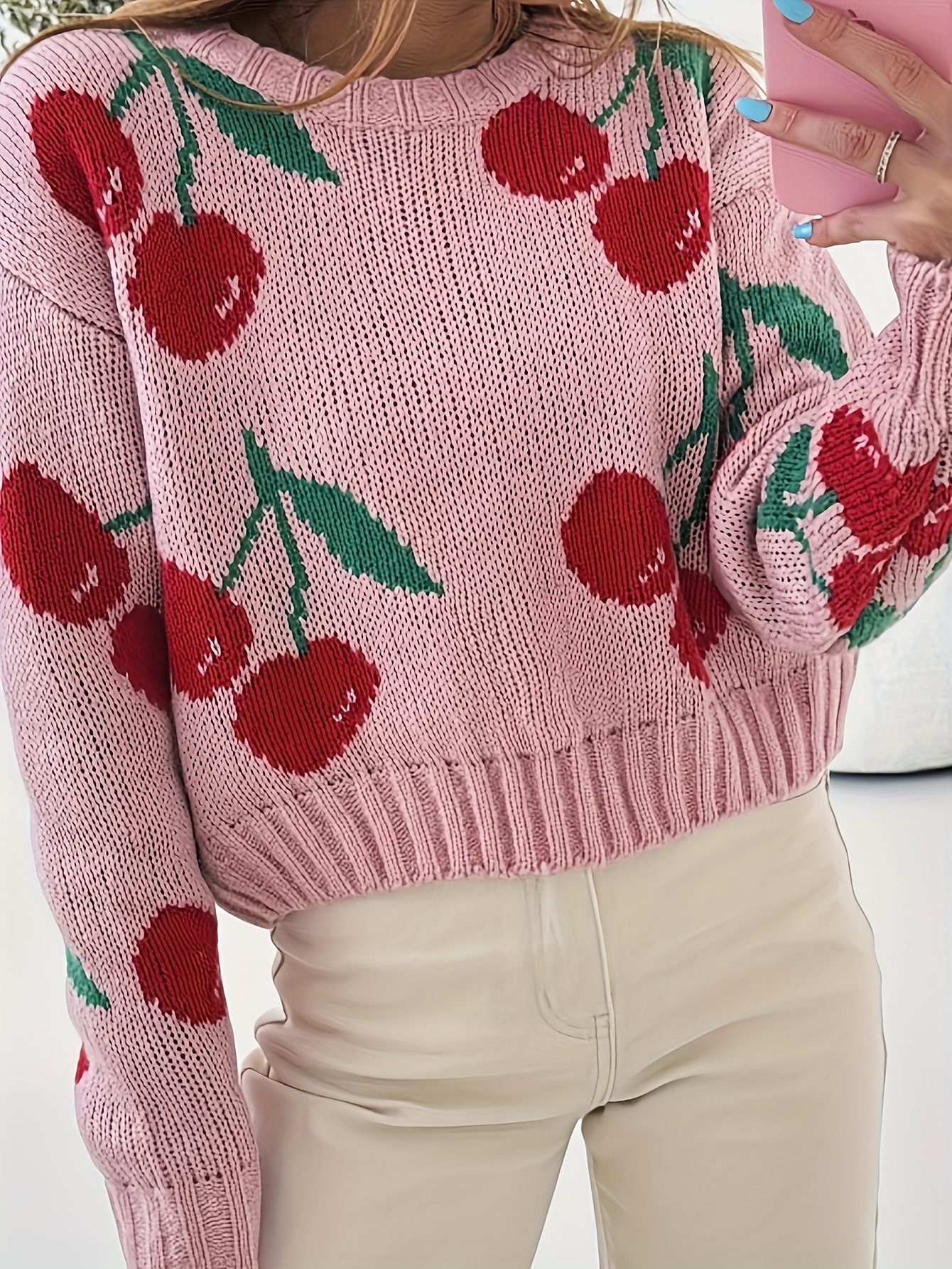 Lady Autumn-Winter Fashion New Sweet Style Unique Fruit Pattern Jacquard Round Neck Long Sleeve Top, Can Be Worn As Underwear Or Outerwear, Pullover Style - Image 2