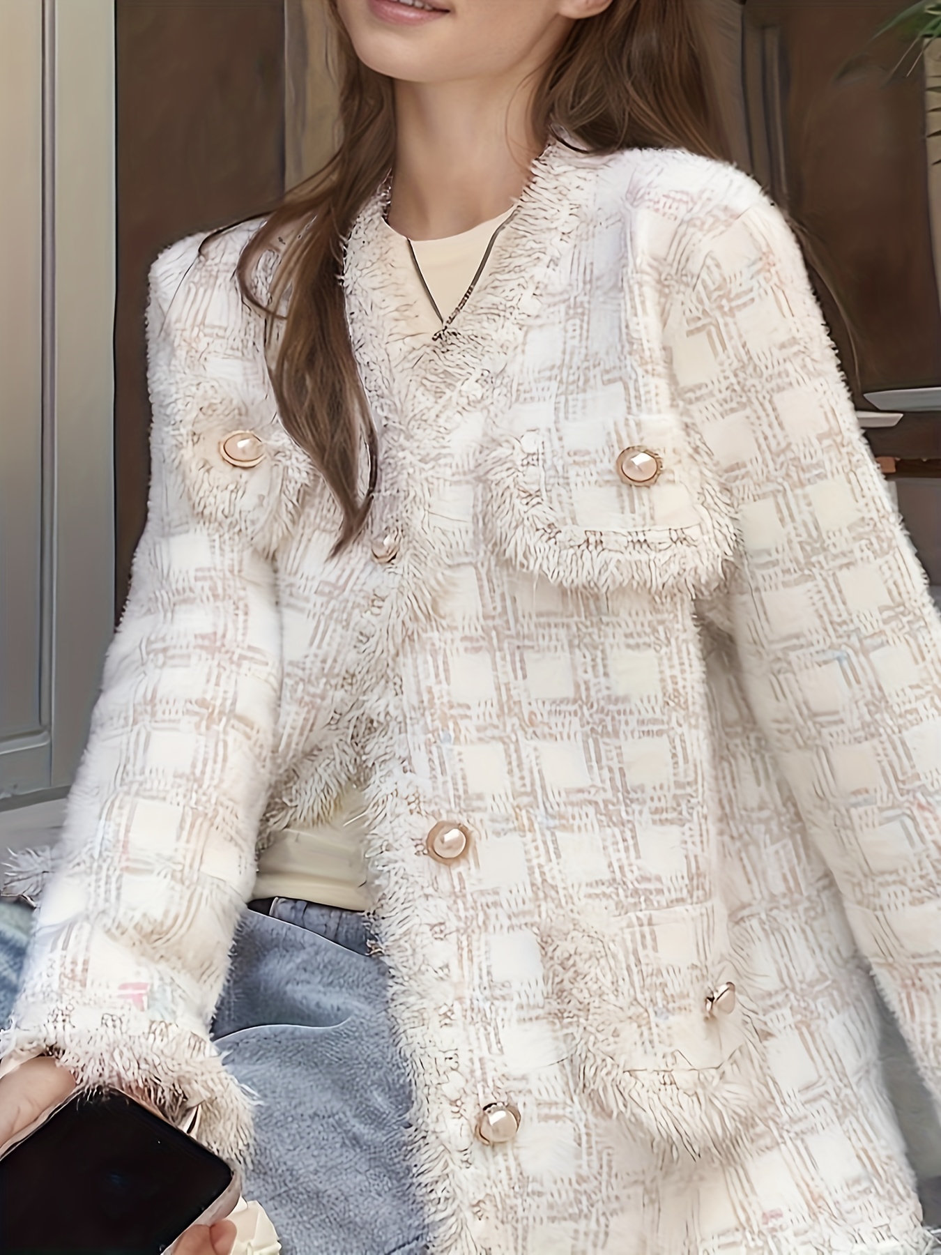 Elegant Plaid Coat with Button Front, Chic Raw Trim Dual Pockets Long Sleeve Coat for Fall&Winter, Women's Clothing - Image 8