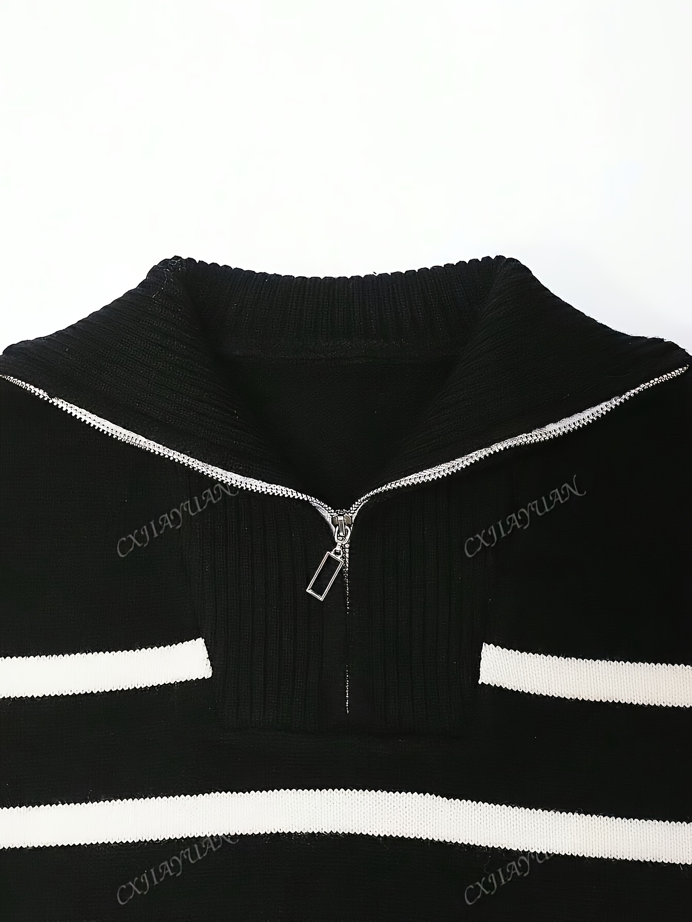 Ladies' Casual Striped Zipper Sweater - Black And White Horizontal Stripes, Soft Fabric with Zipper Front Lapel Design, All Season Versatile Pullover, Women's Clothing - Image 7