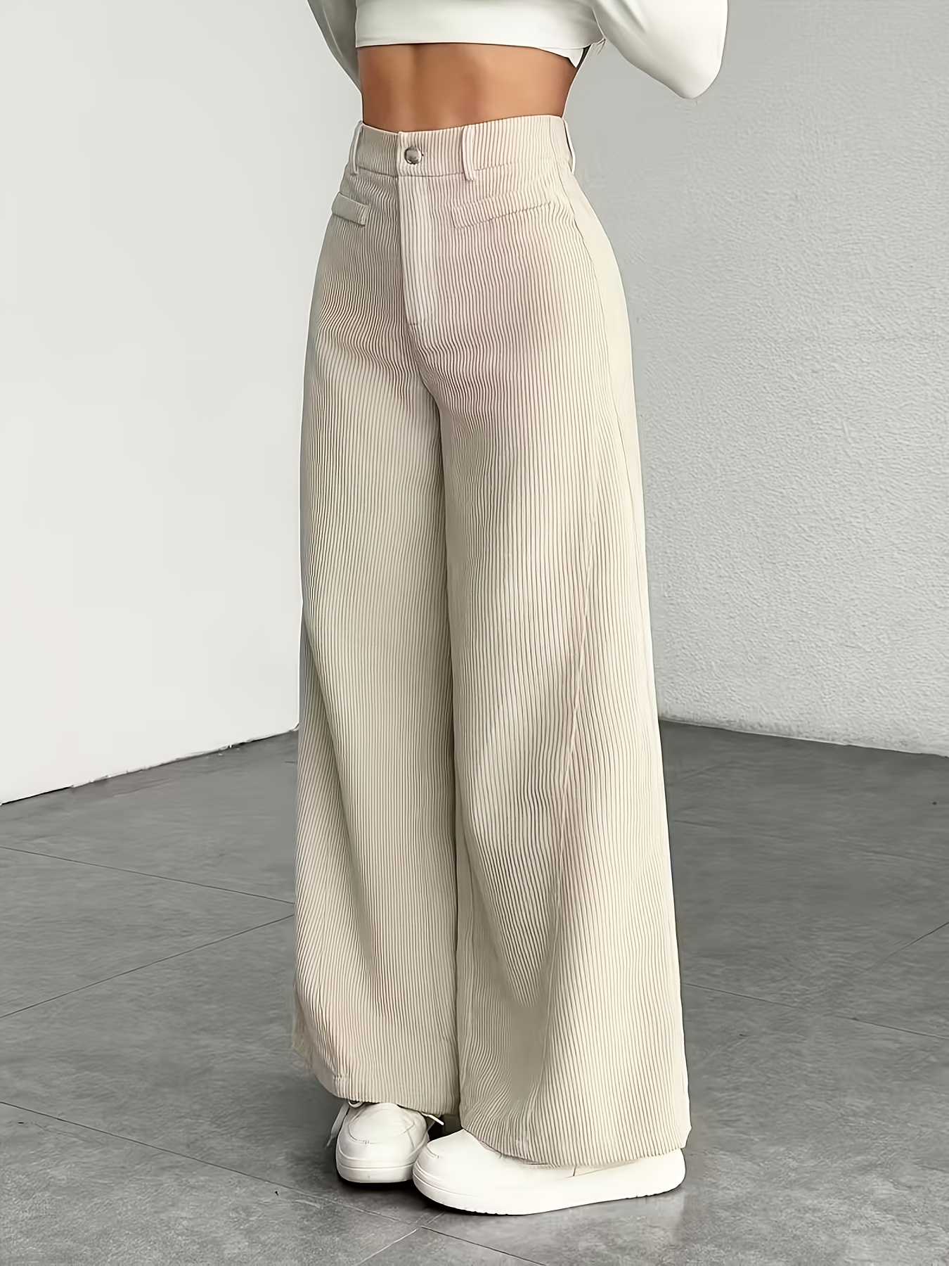 1 Women's High-Waisted Wide-Leg Pants for Autumn/Winter - S-XXL, Corduroy Texture Casual Long Pants with Side Pockets, All-Season Comfort, Machine Washable Beige Trousers - Image 9