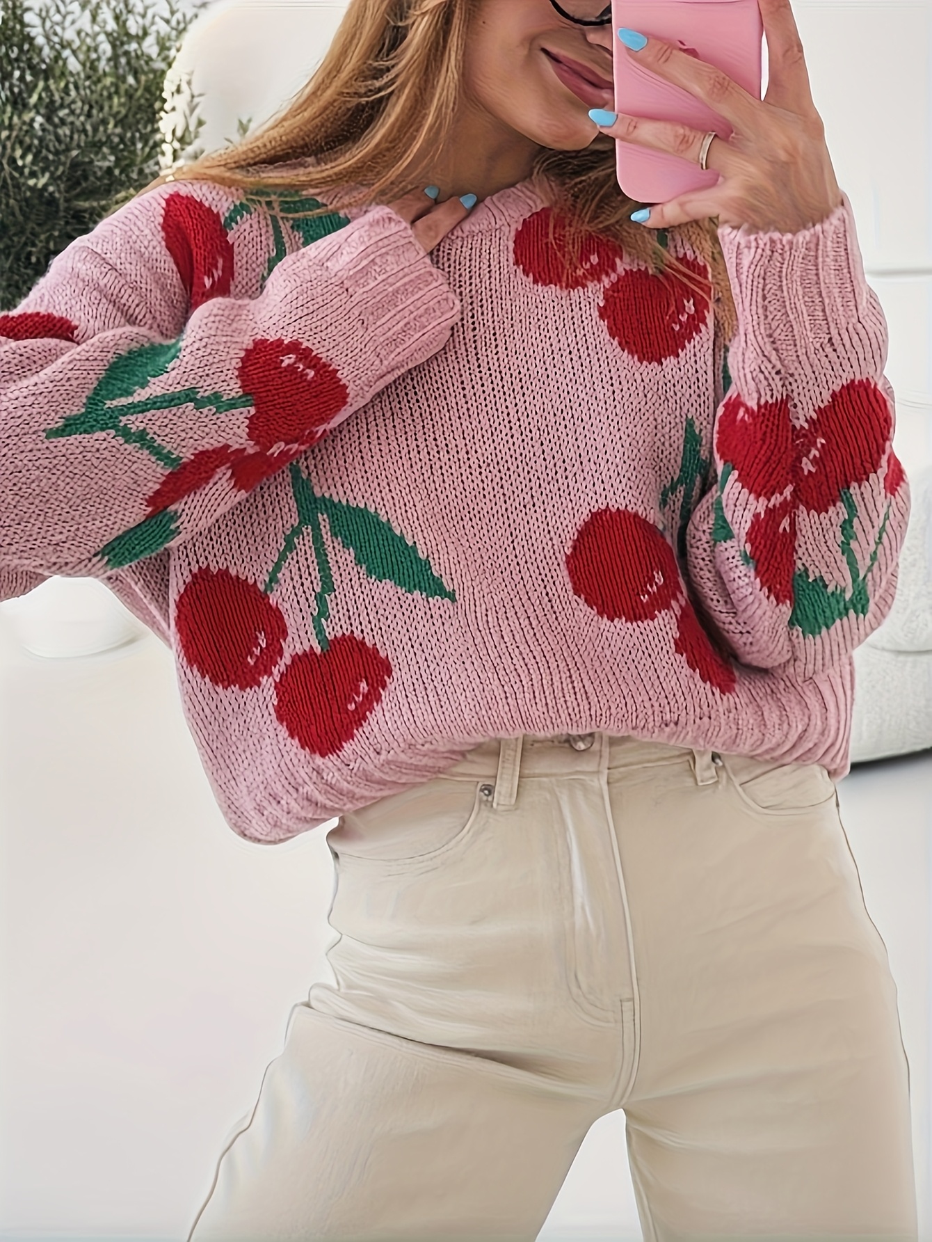 Lady Autumn-Winter Fashion New Sweet Style Unique Fruit Pattern Jacquard Round Neck Long Sleeve Top, Can Be Worn As Underwear Or Outerwear, Pullover Style - Image 6