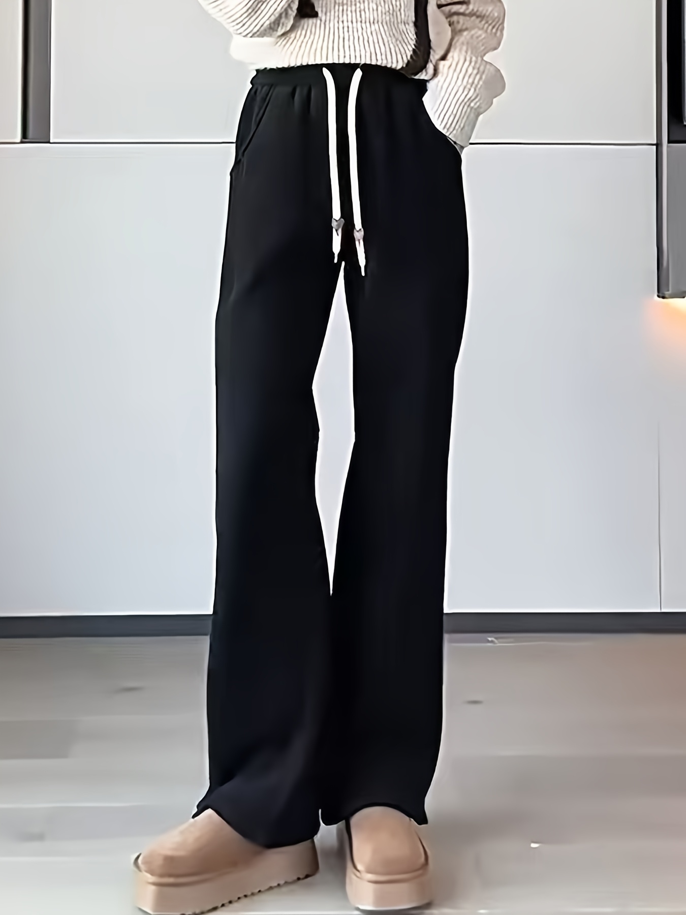 Women's High Waist Winter Pants with Thickened Fleece Lining & Elastic Waistband - 9-Inch Length Cold-Proof Warm Trousers, Tummy Control & Boot-Cut Leg for Casual & Formal Outfits, Solid Color Elegant Straight-Leg Pants (Hand Wash/Dry Clean) - Autumn/Winter Fashion - Image 4