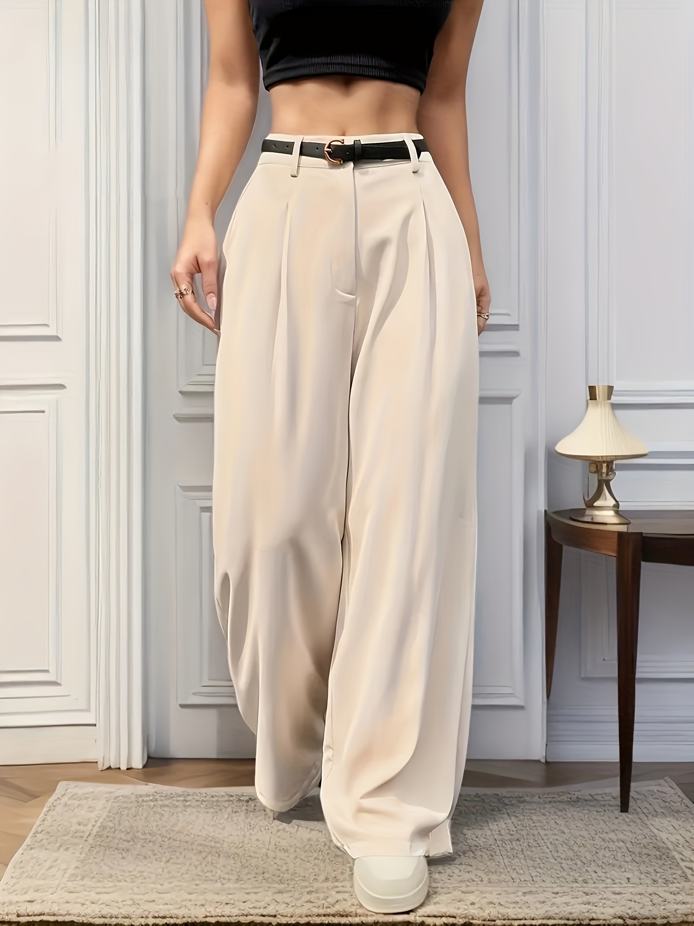 Women'S Elegant Straight-Leg Pants - Beige Solid Color Wide-Leg Trousers for Spring, Summer, And Autumn Casual Outings, Suitable for Vacation And Work, Machine Washable Without a Belt. - Image 9