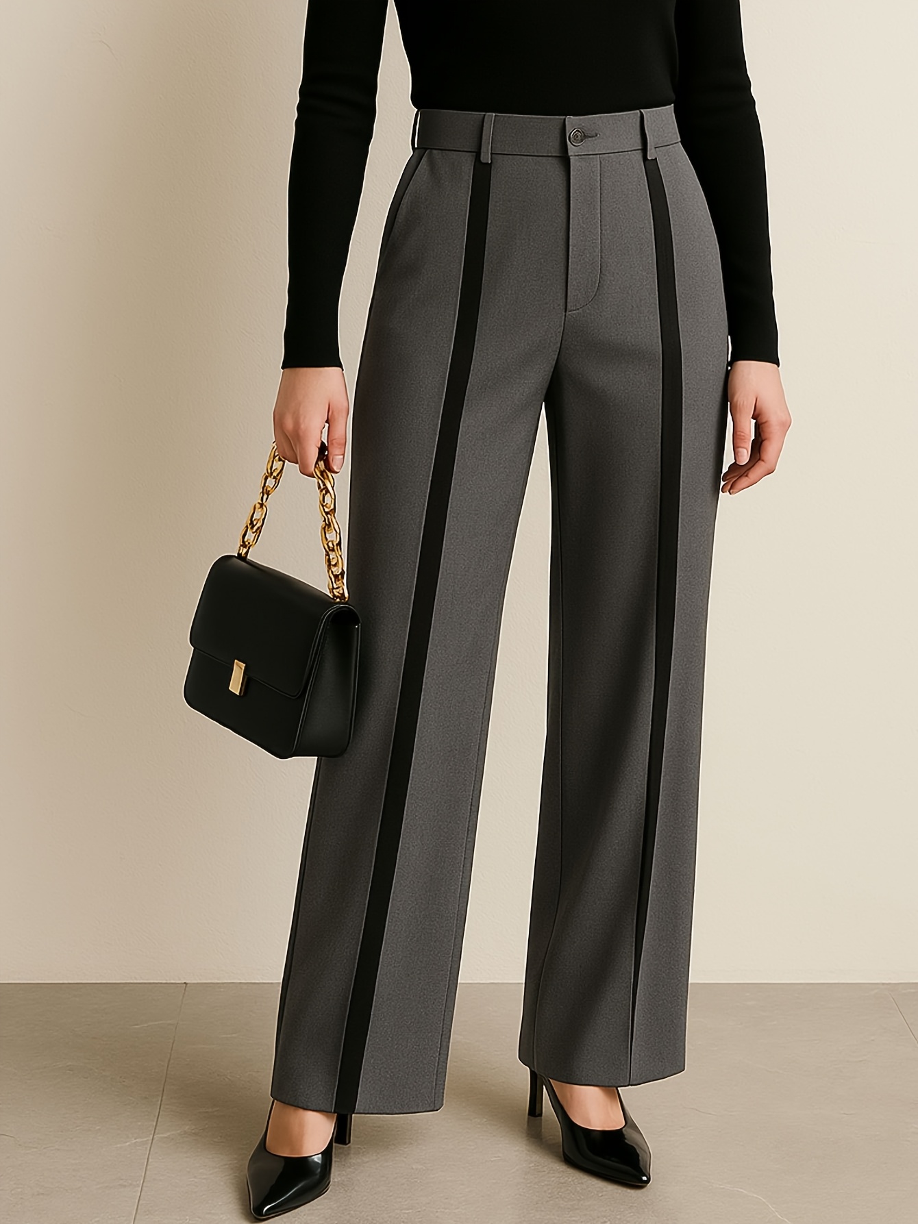 Women's Elegant Black And Gray Wide Leg Pants Straight Leg Design, Colorblocked Style for All Seasons, Everyday Pants, Versatile Bottoms, Elegant Design, Modern Fashion, Medium Stretch Fabric, Soft Fabric, Stylish Bottoms, Chic Slacks, Professional - Image 3