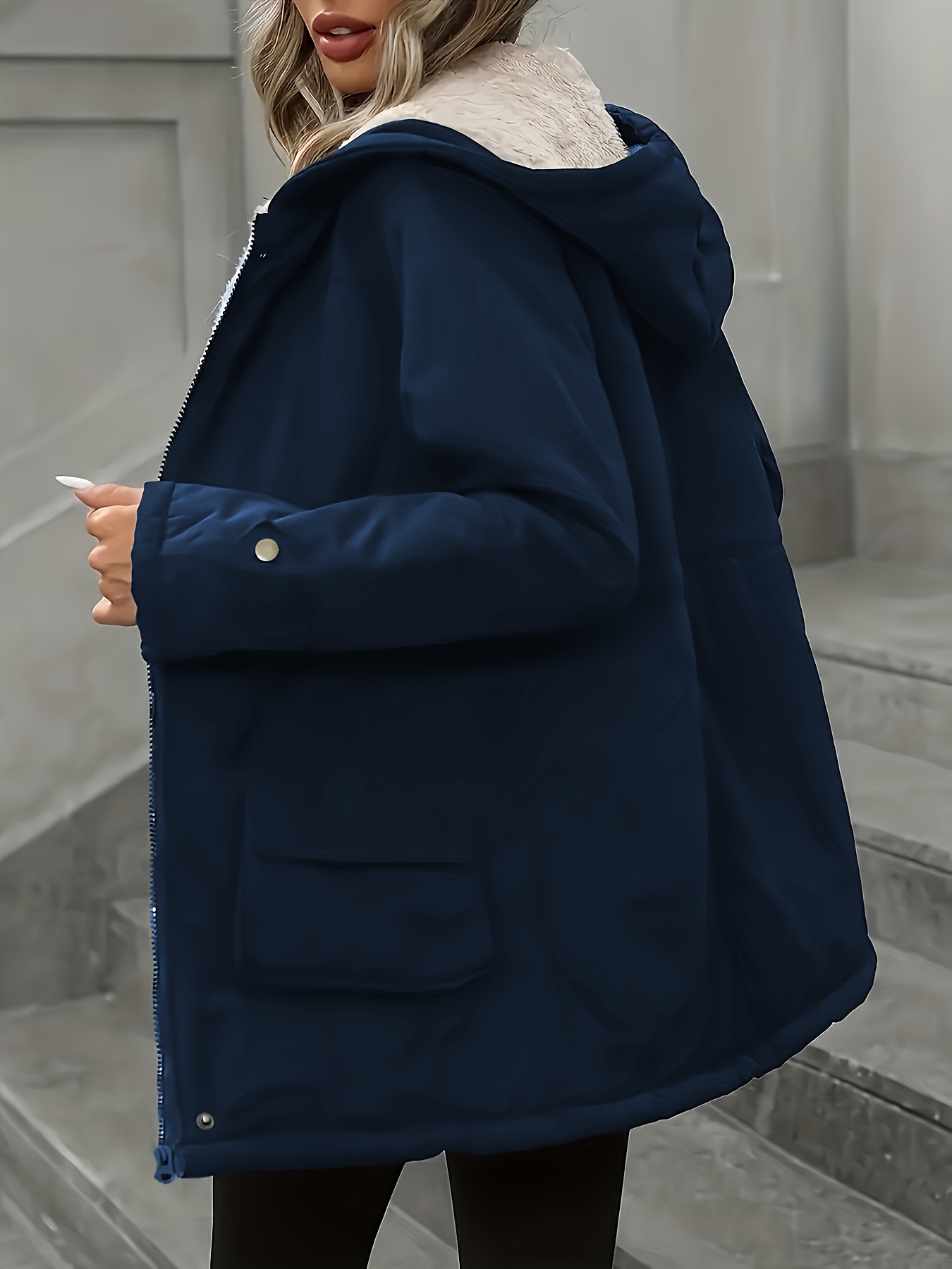 Women's Black Hooded Winter Windbreaker Jacket with Full-Zip Front, Machine Washable Outer Coat for Cold Weather, Casual Outerwear (Solid Color, Non-Stretch) - All-Season Use for & Leisure, - Image 6