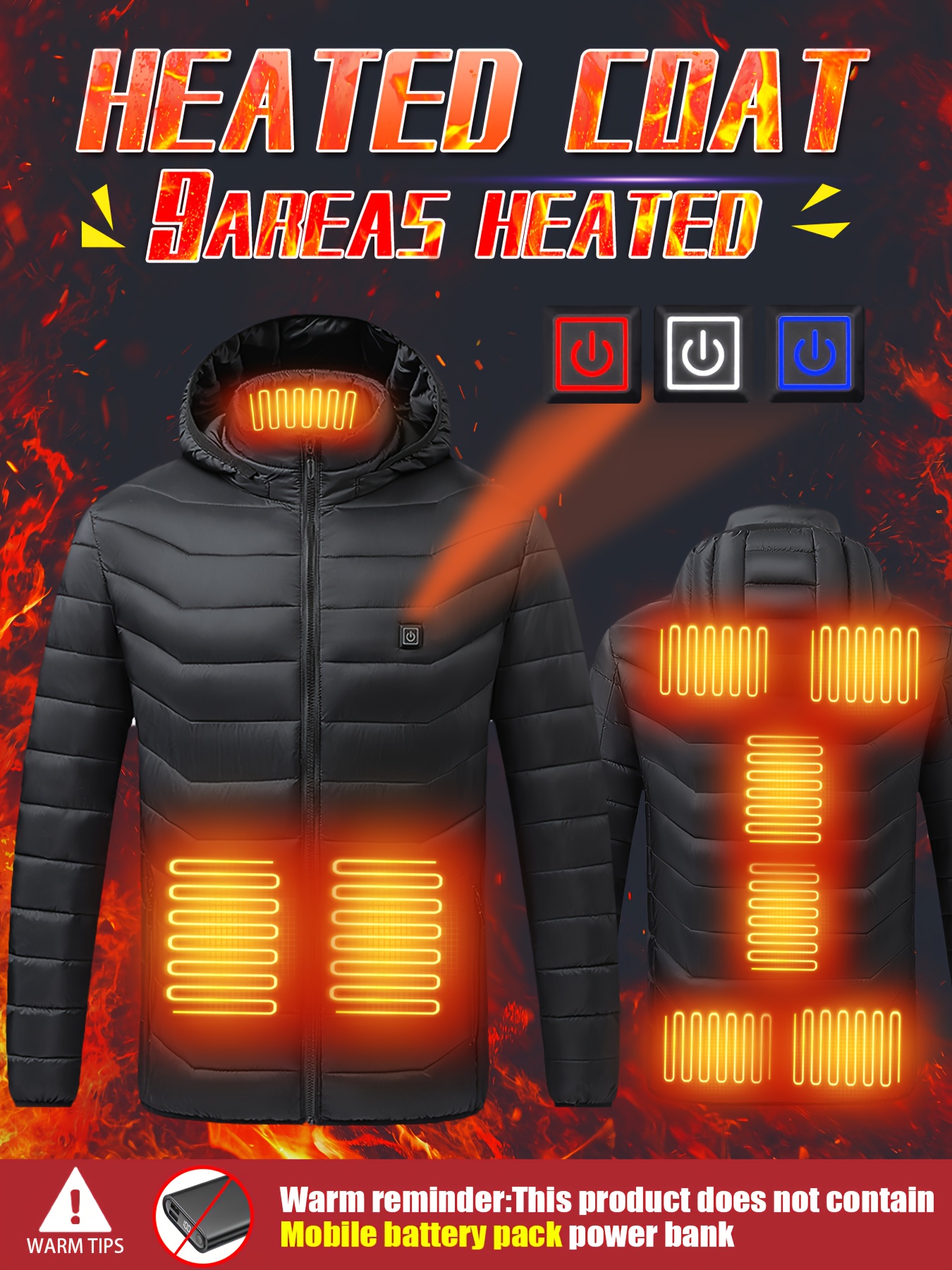 9-Zone Jacket, Warm Coat, 3-Temperature Settings, Portable, Power Bank Compatibility (Not Included), Machine Washable, for Outdoor Winter Cycling and Fishing