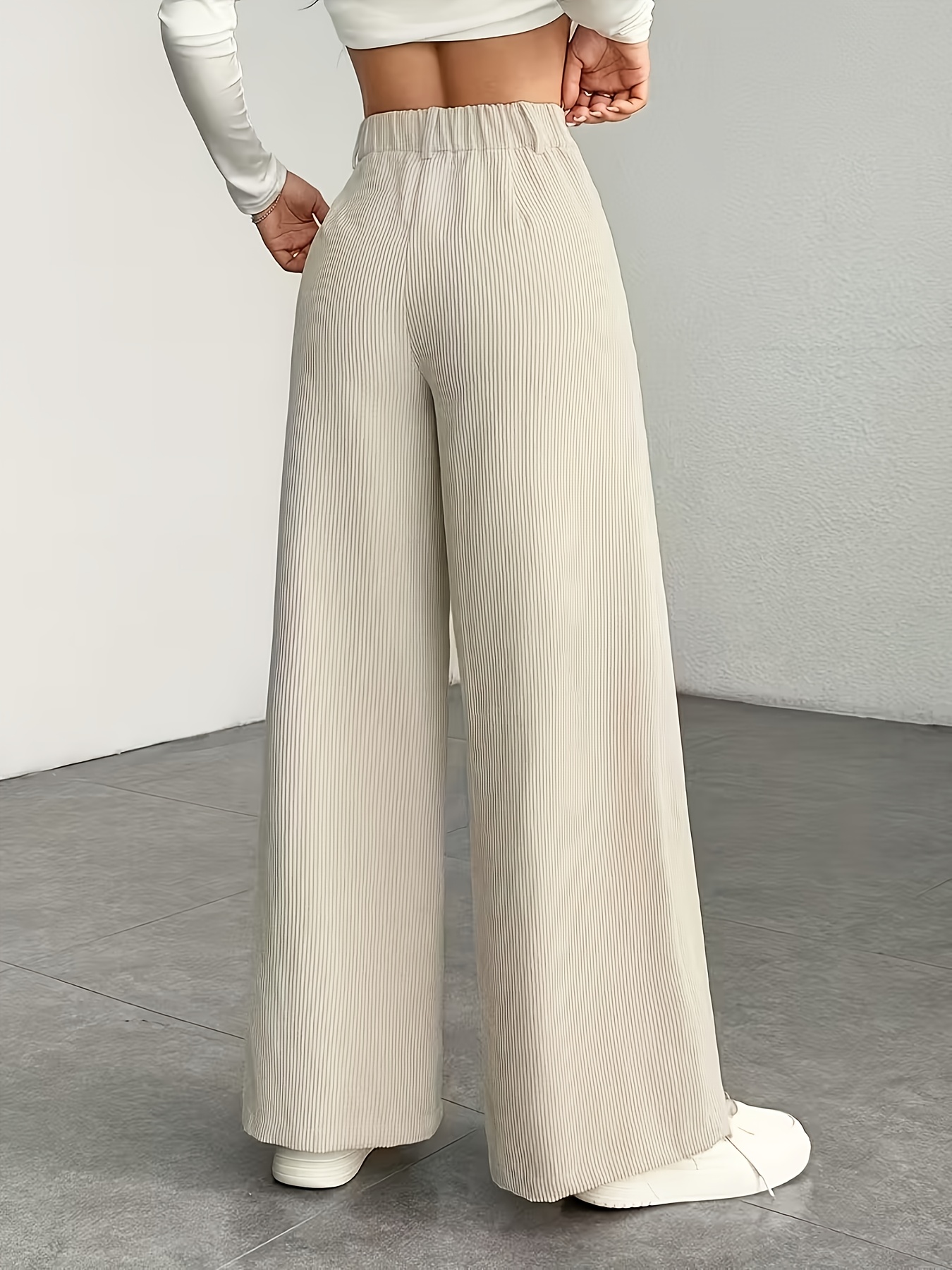 1 Women's High-Waisted Wide-Leg Pants for Autumn/Winter - S-XXL, Corduroy Texture Casual Long Pants with Side Pockets, All-Season Comfort, Machine Washable Beige Trousers - Image 6
