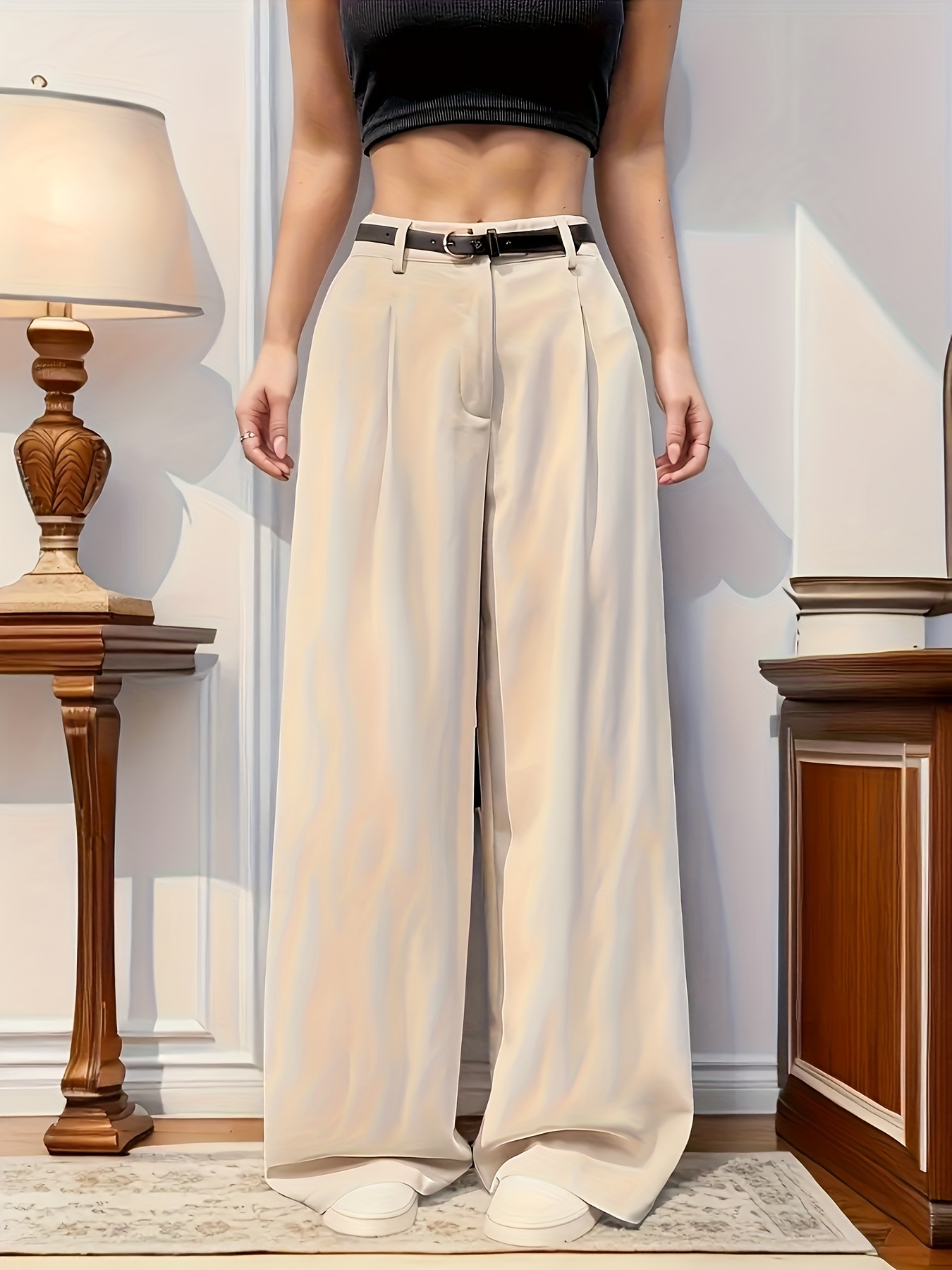 Women'S Elegant Straight-Leg Pants - Beige Solid Color Wide-Leg Trousers for Spring, Summer, And Autumn Casual Outings, Suitable for Vacation And Work, Machine Washable Without a Belt. - Image 4