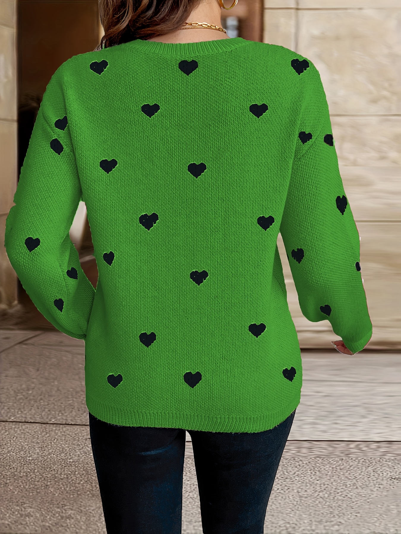 Women's Clothing, Heart Pattern Crew Neck Pullover Sweater, Valentine's Day Long Sleeve Drop Shoulder Sweater - Image 7