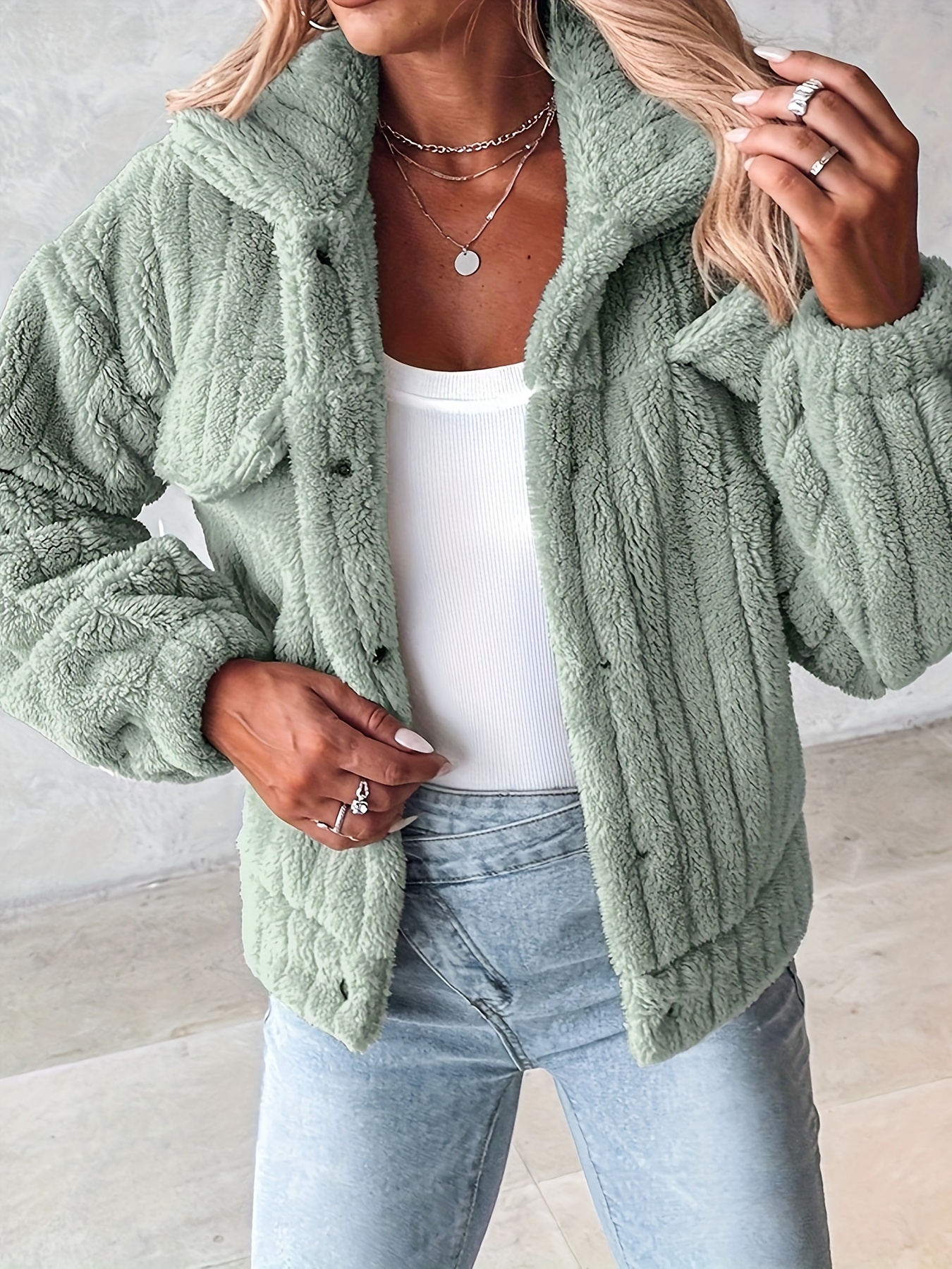 Women's Plush Jacket - Soft Pink Winter Coat with Stand-Up Collar &, Button-Front Closure, Machine Washable Cozy Outerwear for Fall/Winter, Casual & Professional Wear, Luxurious Plush Fabric (No Bulk) Blazer - Image 6