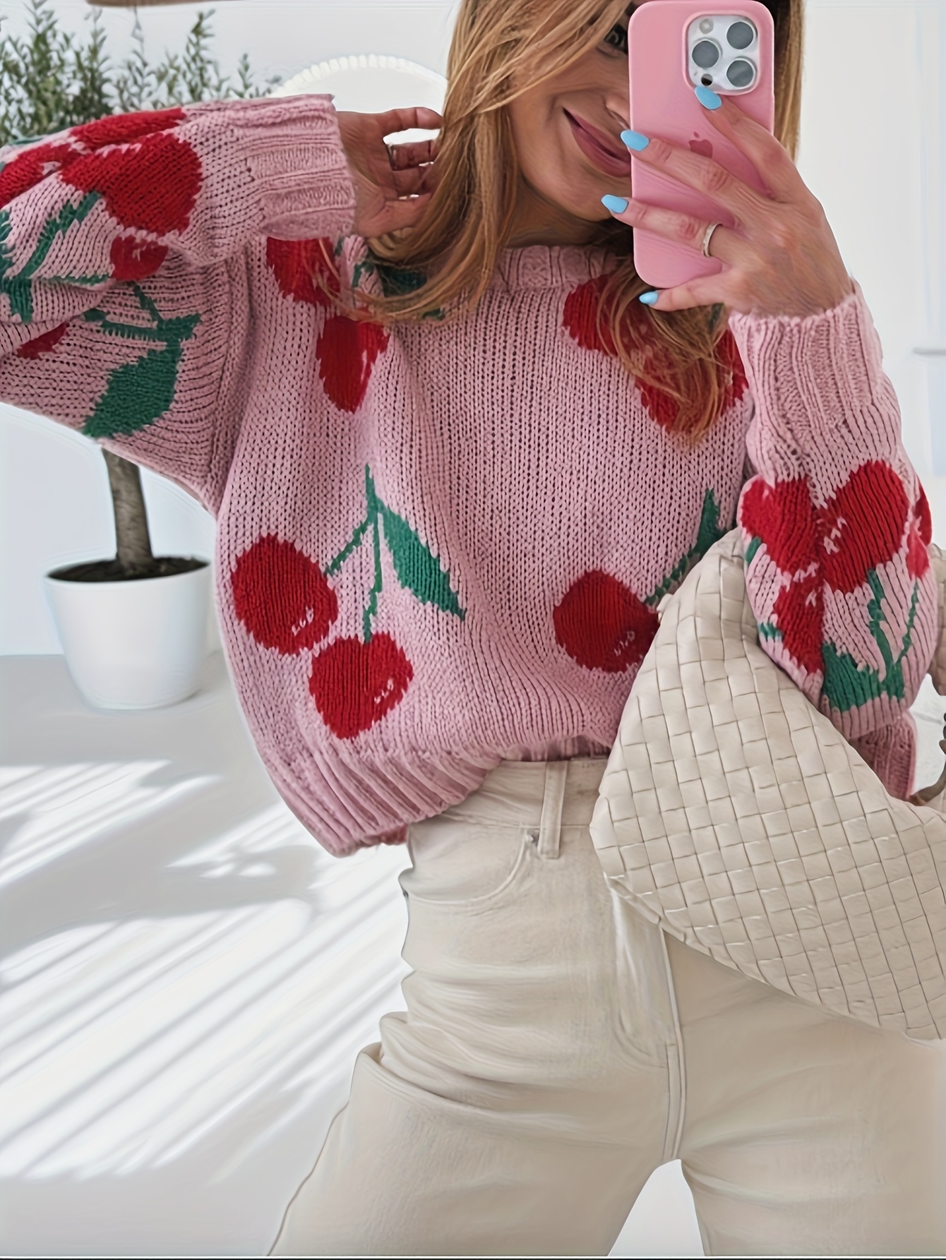 Lady Autumn-Winter Fashion New Sweet Style Unique Fruit Pattern Jacquard Round Neck Long Sleeve Top, Can Be Worn As Underwear Or Outerwear, Pullover Style - Image 4