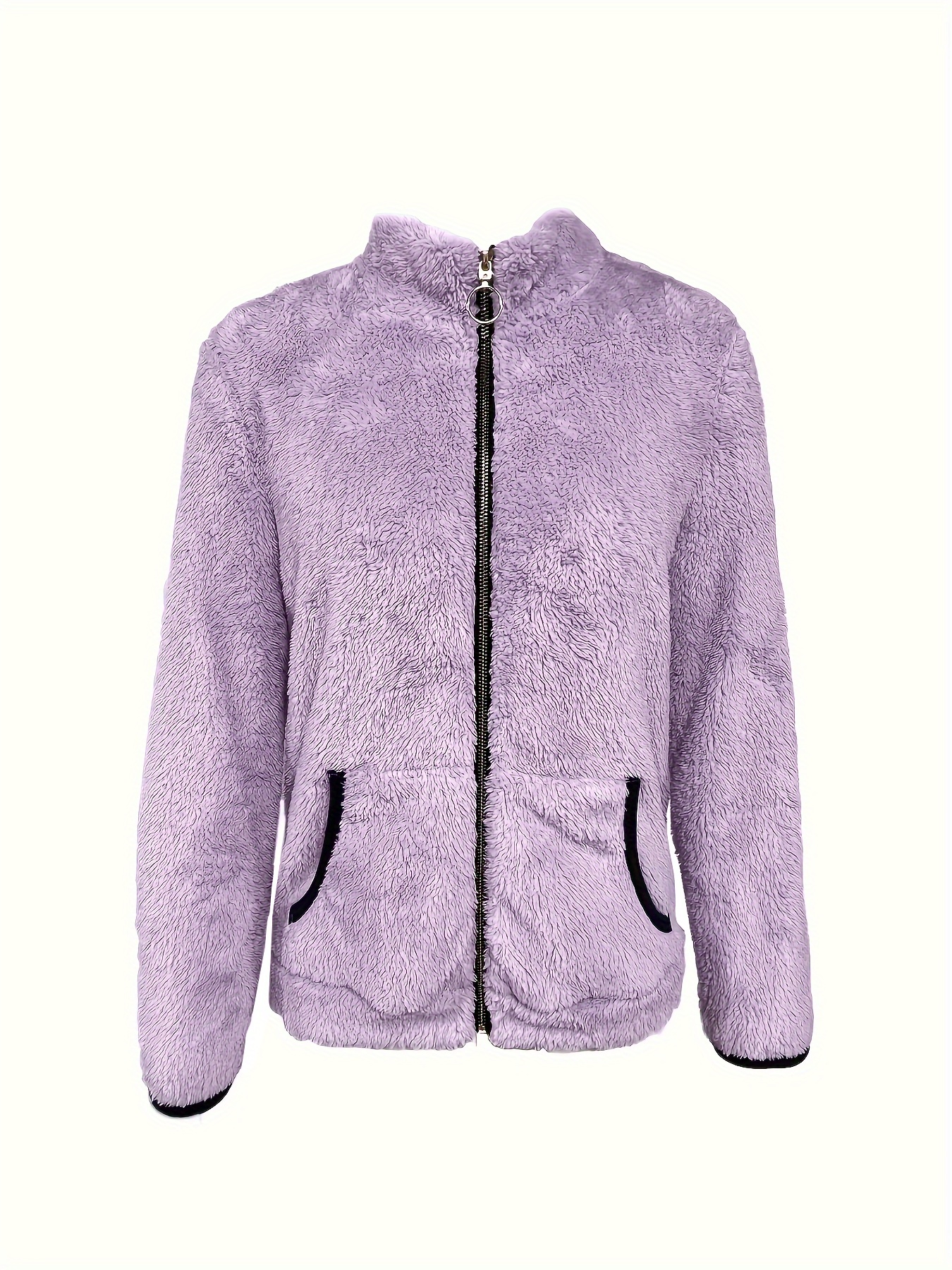 Women's Winter Warm Plush Jacket with Plush-Like Zipper & Pockets - Soft Pastel Purple (Pink/Lavender) Two-Tone Casual Coat, Machine Washable Long Sleeve Outerwear for Cold Weather, All-Season Layering (No-Stretch Fit) - Image 6