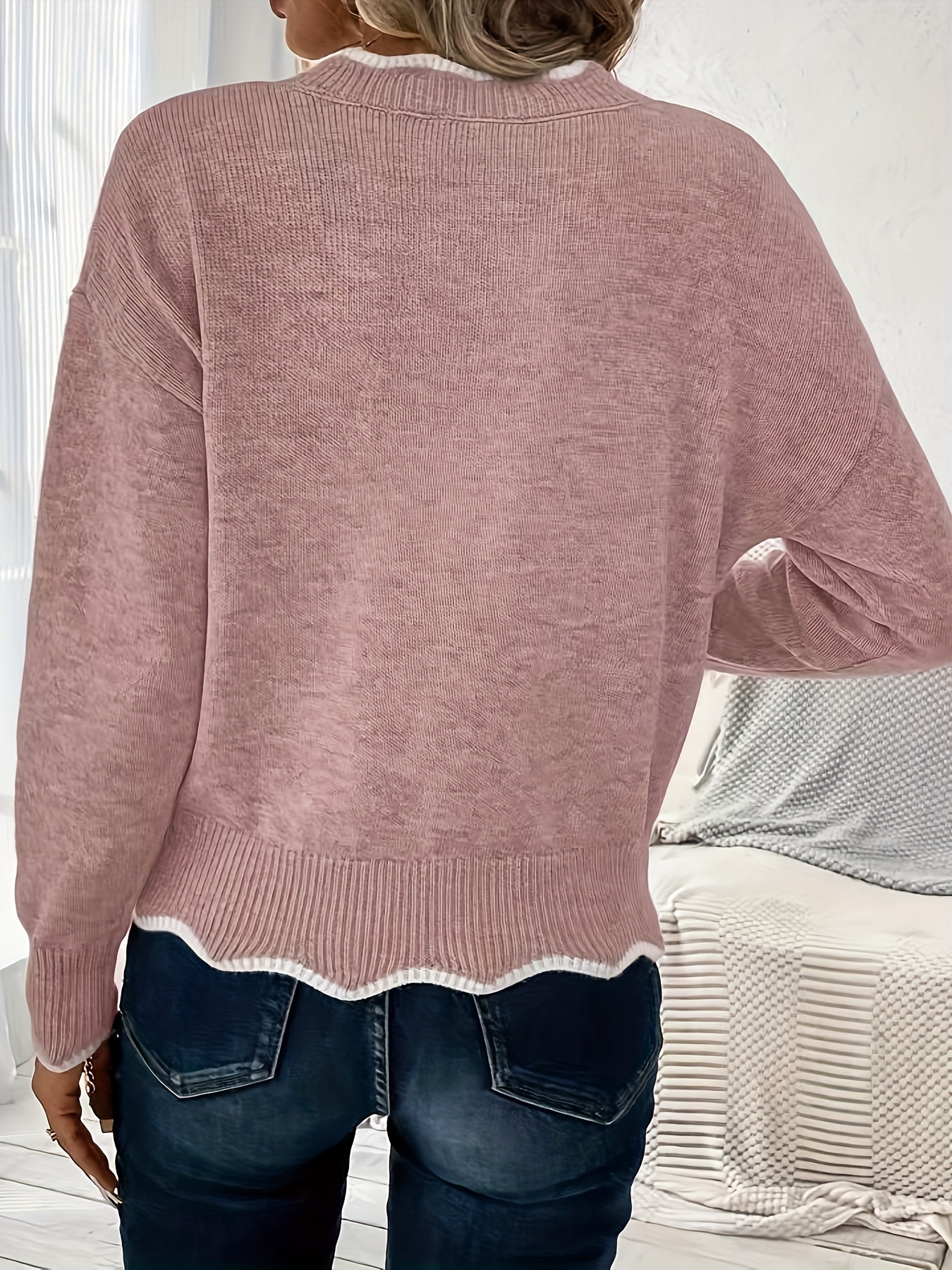 Women's Elegant V-Neck Sweater, Soft Pink Pullover, Wavy Texture, Comfortable Fit, Cozy Material, Classic Knitwear, Stylish Top, Chic Office & Party Outfits, Everyday Casual Wear, Winter Wardrobe, Fall Fashion, Fashion Lovers, Elegant Long Sleeve Top, Women's Long Sleeve - Image 4