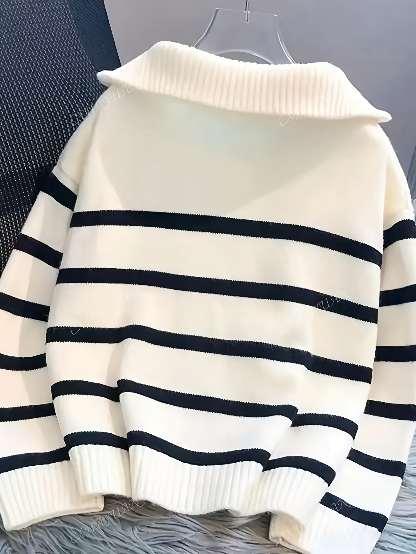 Ladies' Casual Striped Zipper Sweater - Black And White Horizontal Stripes, Soft Fabric with Zipper Front Lapel Design, All Season Versatile Pullover, Women's Clothing - Image 2