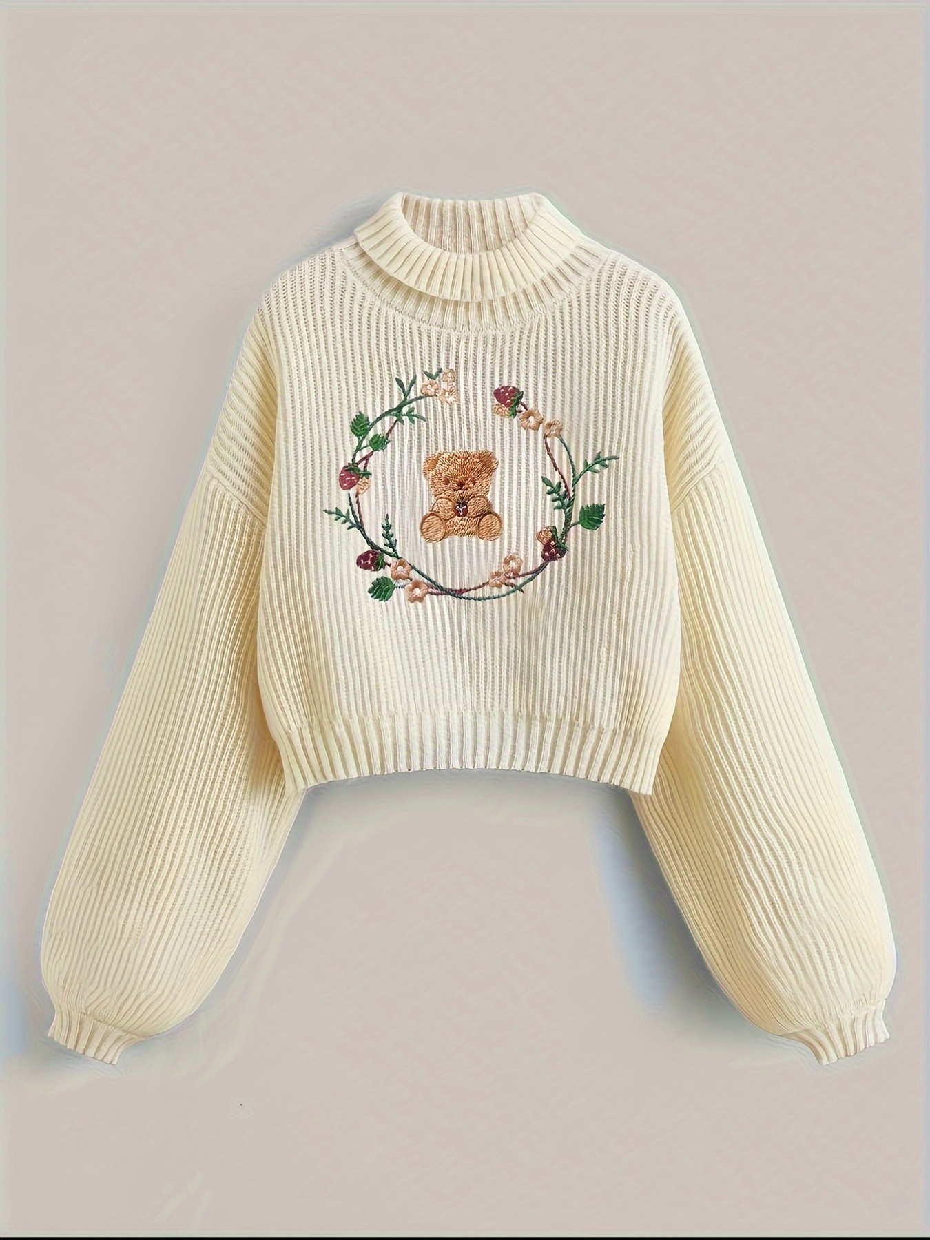 Women'S Short Pullover Sweater Flower Bear Embroidery Long-sleeved High-neck Knitted Top - Image 4