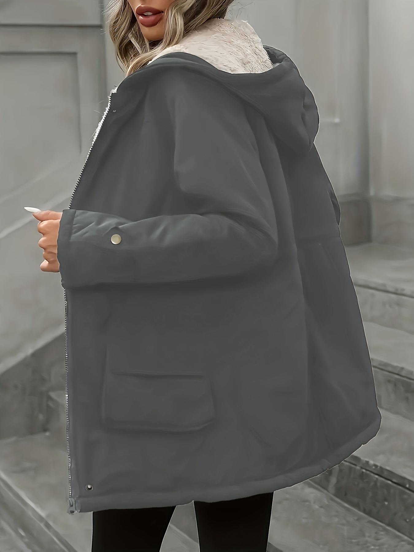 Women's Black Hooded Winter Windbreaker Jacket with Full-Zip Front, Machine Washable Outer Coat for Cold Weather, Casual Outerwear (Solid Color, Non-Stretch) - All-Season Use for & Leisure, - Image 7