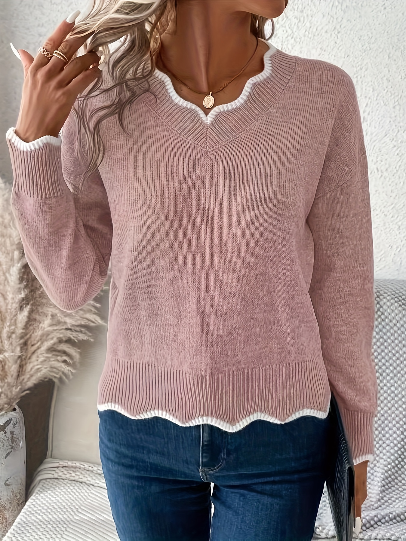 Women's Elegant V-Neck Sweater, Soft Pink Pullover, Wavy Texture, Comfortable Fit, Cozy Material, Classic Knitwear, Stylish Top, Chic Office & Party Outfits, Everyday Casual Wear, Winter Wardrobe, Fall Fashion, Fashion Lovers, Elegant Long Sleeve Top, Women's Long Sleeve - Image 2