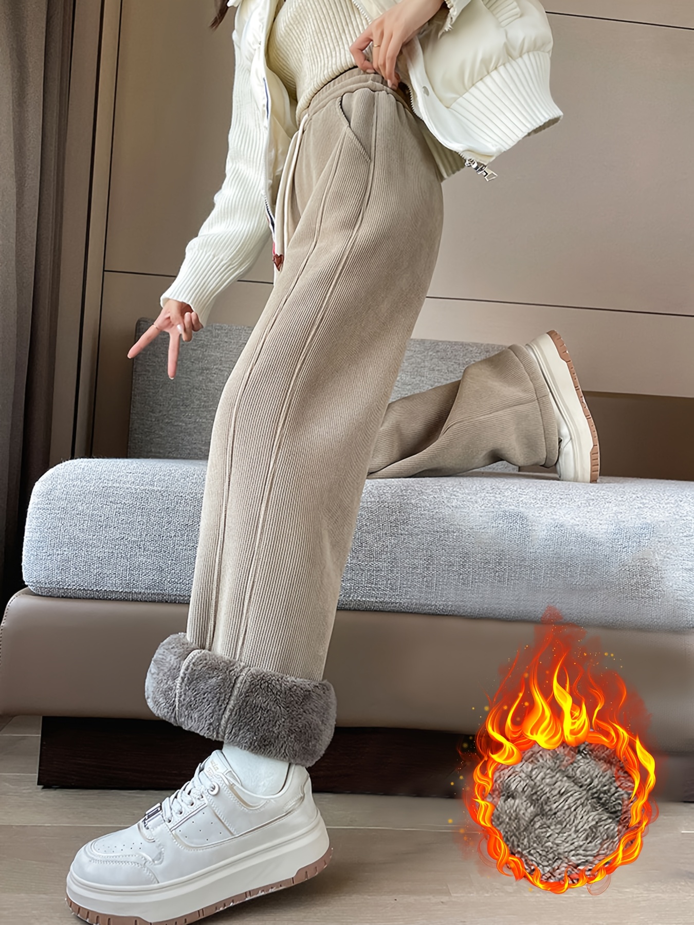 Women's High Waist Winter Pants with Thickened Fleece Lining & Elastic Waistband - 9-Inch Length Cold-Proof Warm Trousers, Tummy Control & Boot-Cut Leg for Casual & Formal Outfits, Solid Color Elegant Straight-Leg Pants (Hand Wash/Dry Clean) - Autumn/Winter Fashion - Image 3