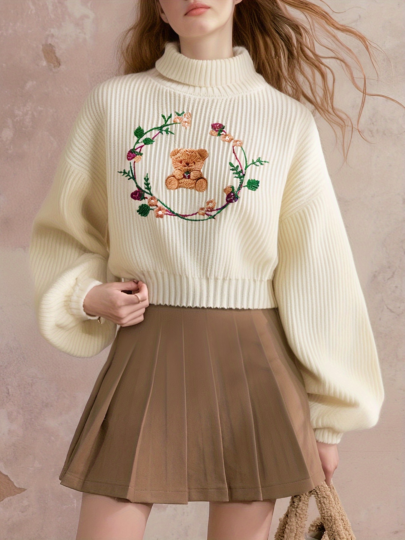 Women'S Short Pullover Sweater Flower Bear Embroidery Long-sleeved High-neck Knitted Top - Image 2