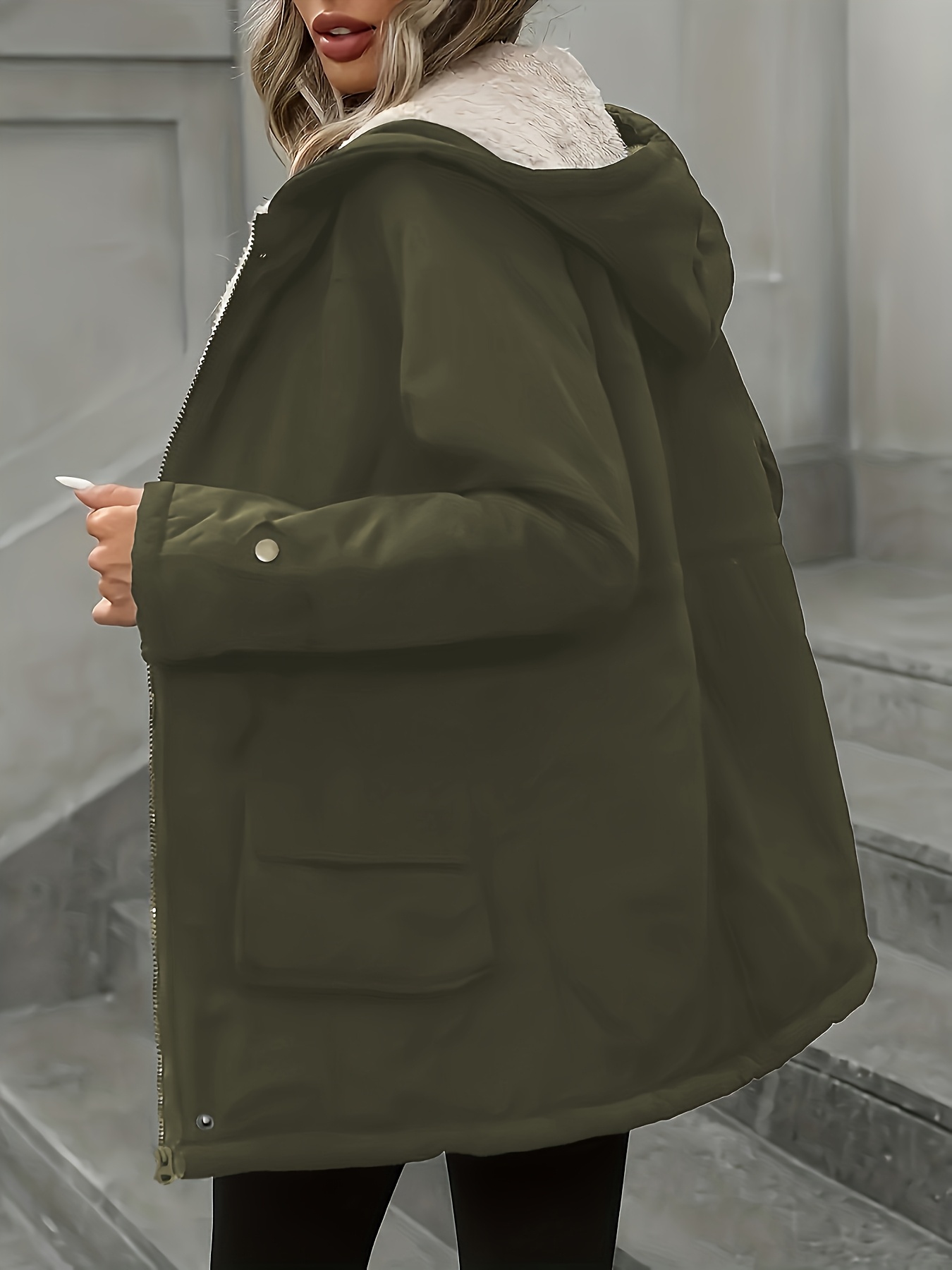 Women's Black Hooded Winter Windbreaker Jacket with Full-Zip Front, Machine Washable Outer Coat for Cold Weather, Casual Outerwear (Solid Color, Non-Stretch) - All-Season Use for & Leisure, - Image 9