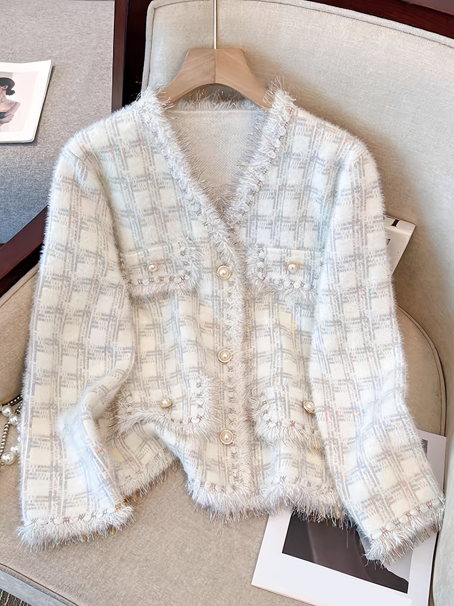 Elegant Plaid Coat with Button Front, Chic Raw Trim Dual Pockets Long Sleeve Coat for Fall&Winter, Women's Clothing - Image 4