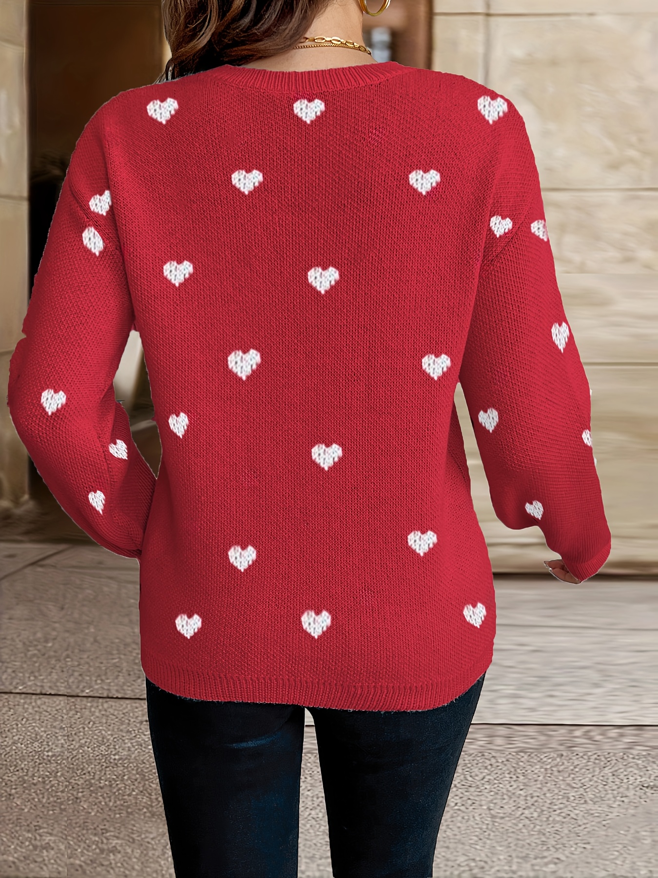 Women's Clothing, Heart Pattern Crew Neck Pullover Sweater, Valentine's Day Long Sleeve Drop Shoulder Sweater - Image 8
