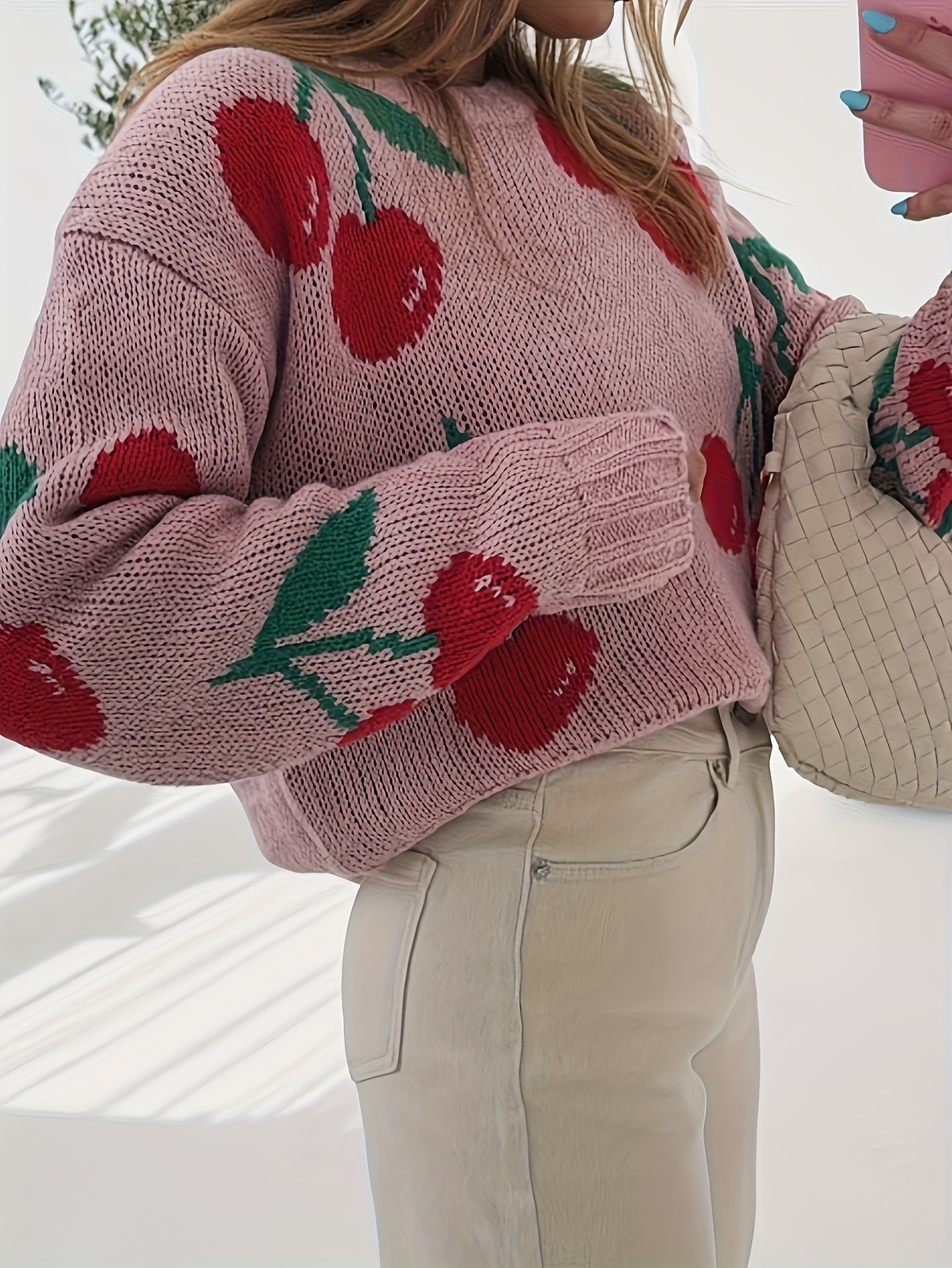 Lady Autumn-Winter Fashion New Sweet Style Unique Fruit Pattern Jacquard Round Neck Long Sleeve Top, Can Be Worn As Underwear Or Outerwear, Pullover Style