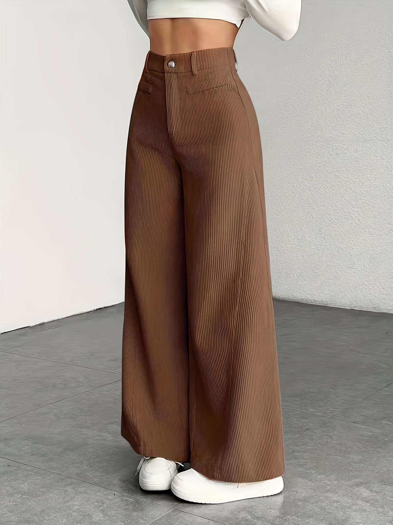 1 Women's High-Waisted Wide-Leg Pants for Autumn/Winter - S-XXL, Corduroy Texture Casual Long Pants with Side Pockets, All-Season Comfort, Machine Washable Beige Trousers - Image 4