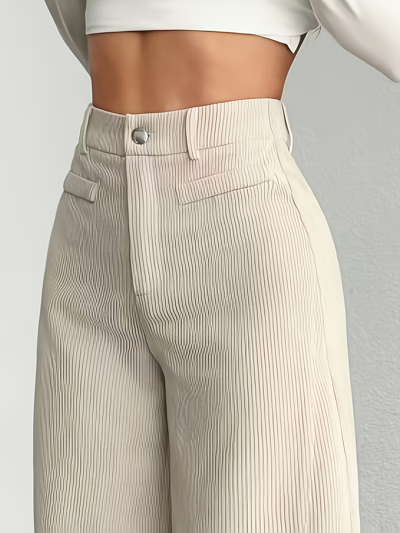 1 Women's High-Waisted Wide-Leg Pants for Autumn/Winter - S-XXL, Corduroy Texture Casual Long Pants with Side Pockets, All-Season Comfort, Machine Washable Beige Trousers